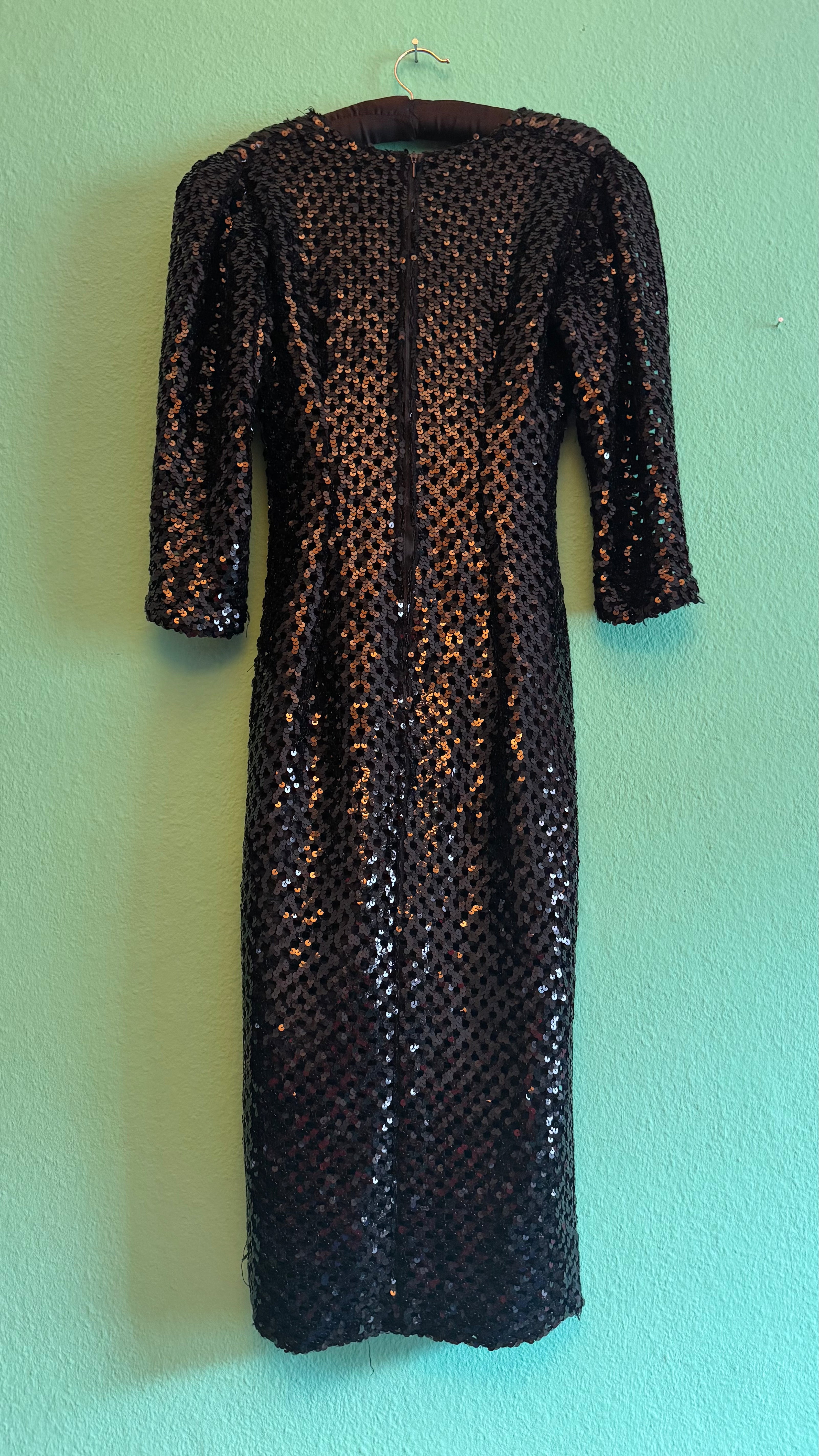 Vintage 1980s Black Sequin Midi Evening Dress