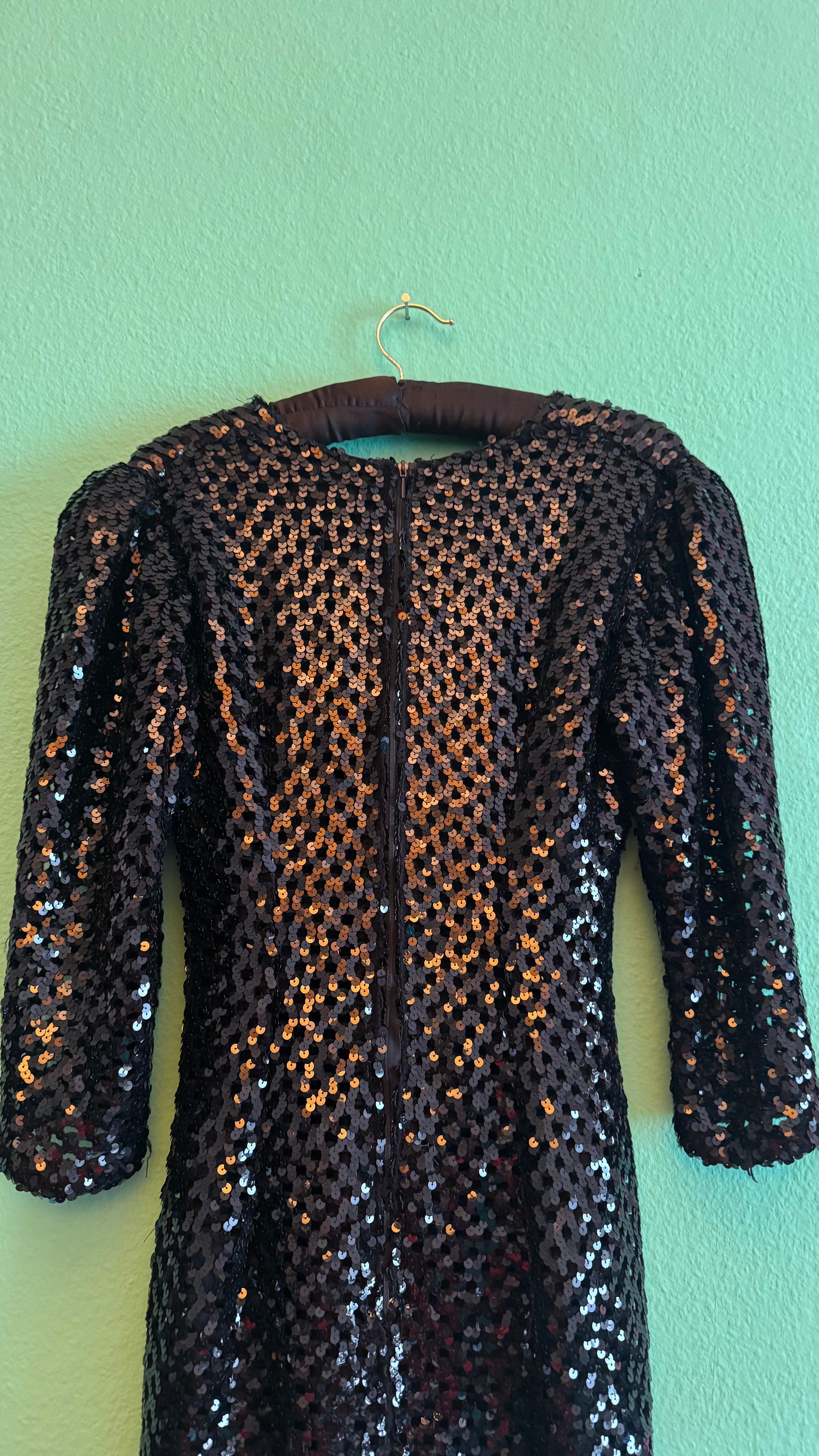 Vintage 1980s Black Sequin Midi Evening Dress