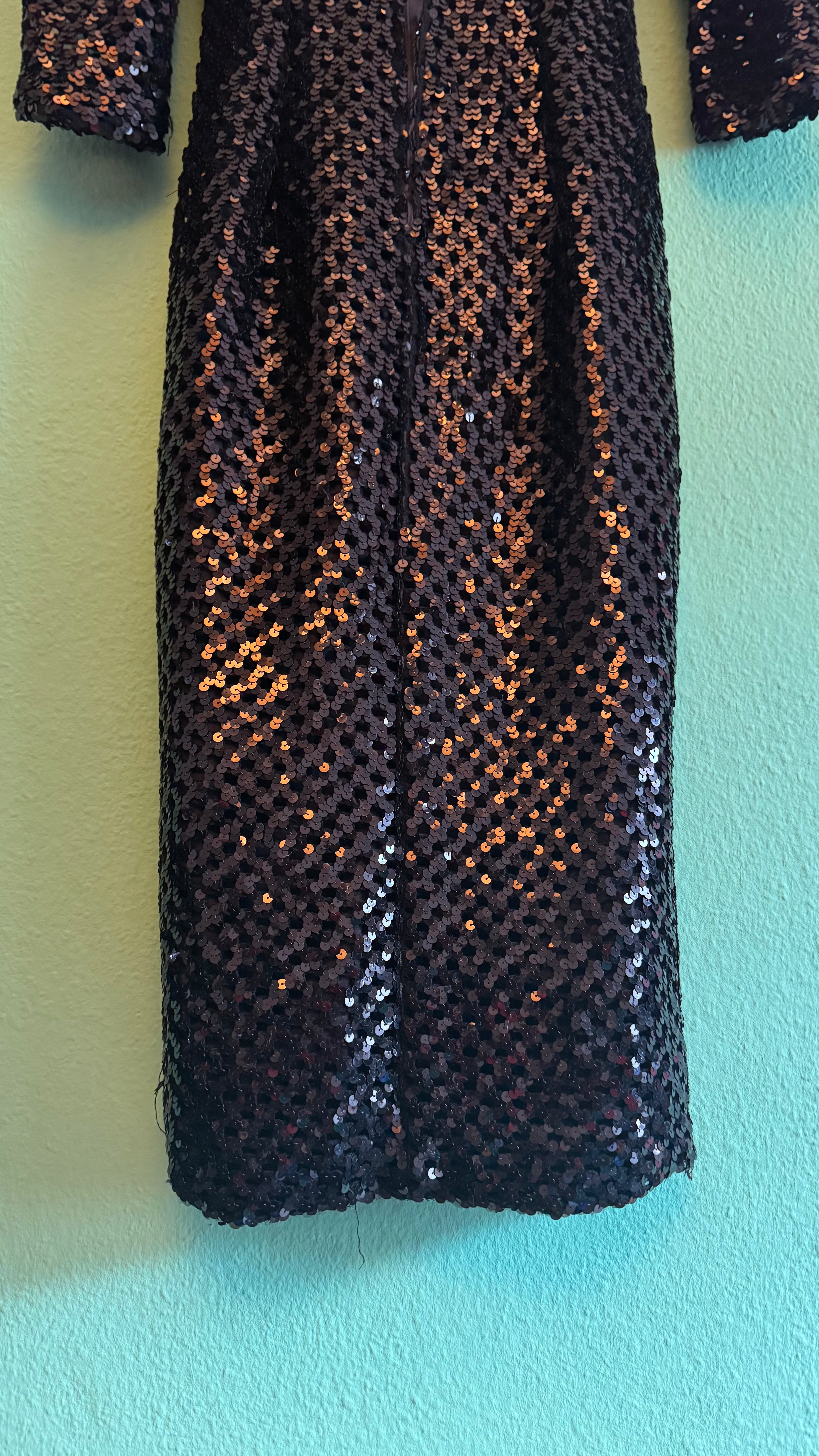 Vintage 1980s Black Sequin Midi Evening Dress