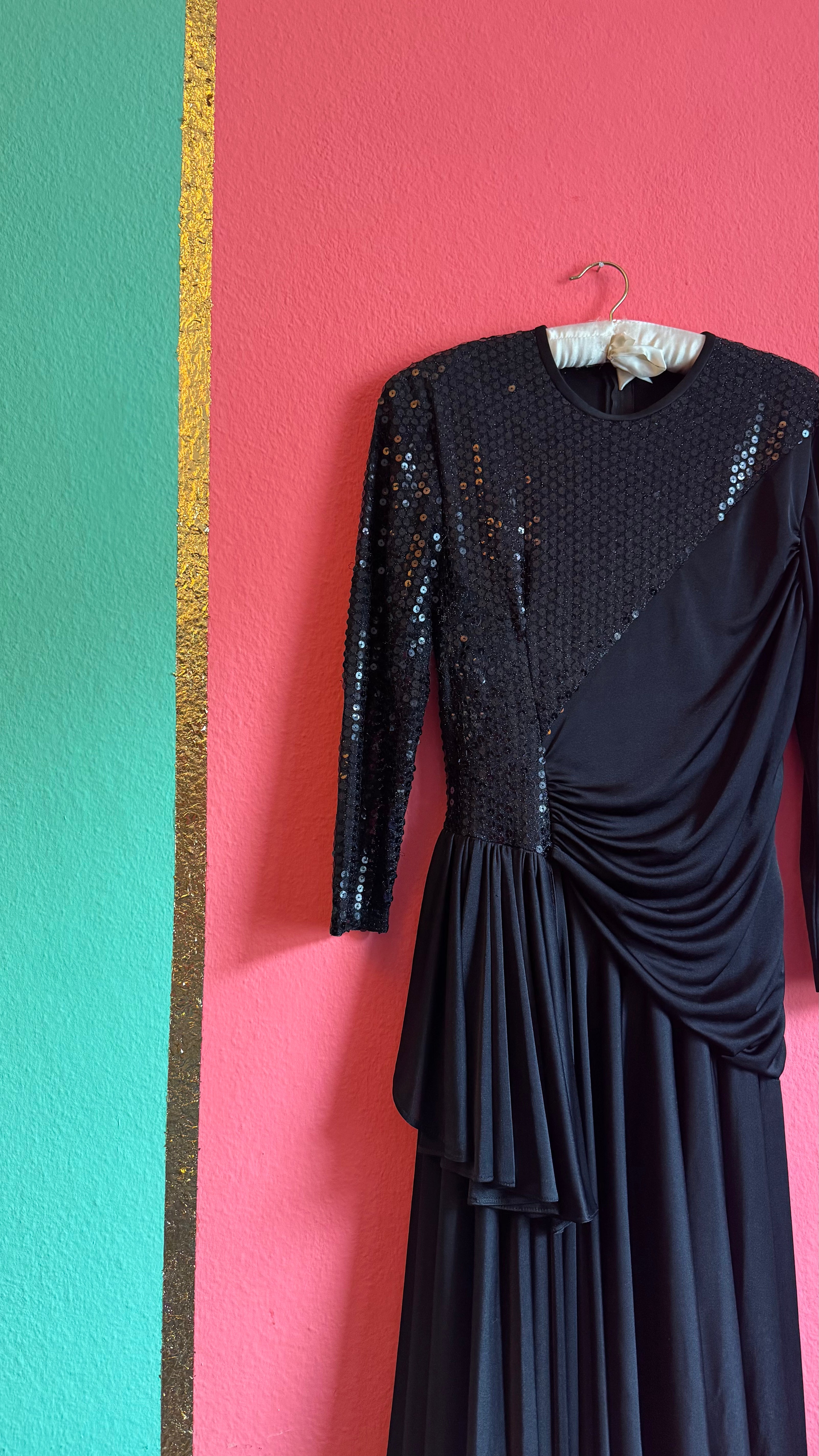 Vintage 1980s Black Sequin Draped Midi Evening Dress