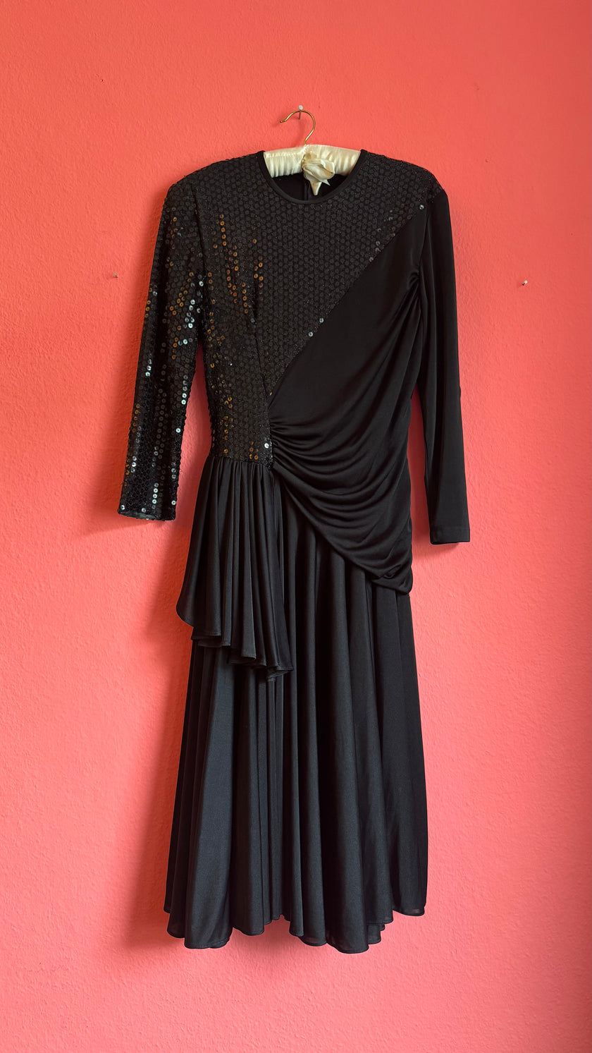 Vintage 1980s Black Sequin Draped Midi Evening Dress