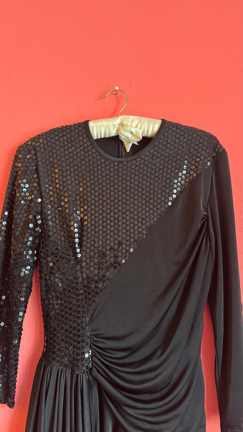 Vintage 1980s Black Sequin Draped Midi Evening Dress