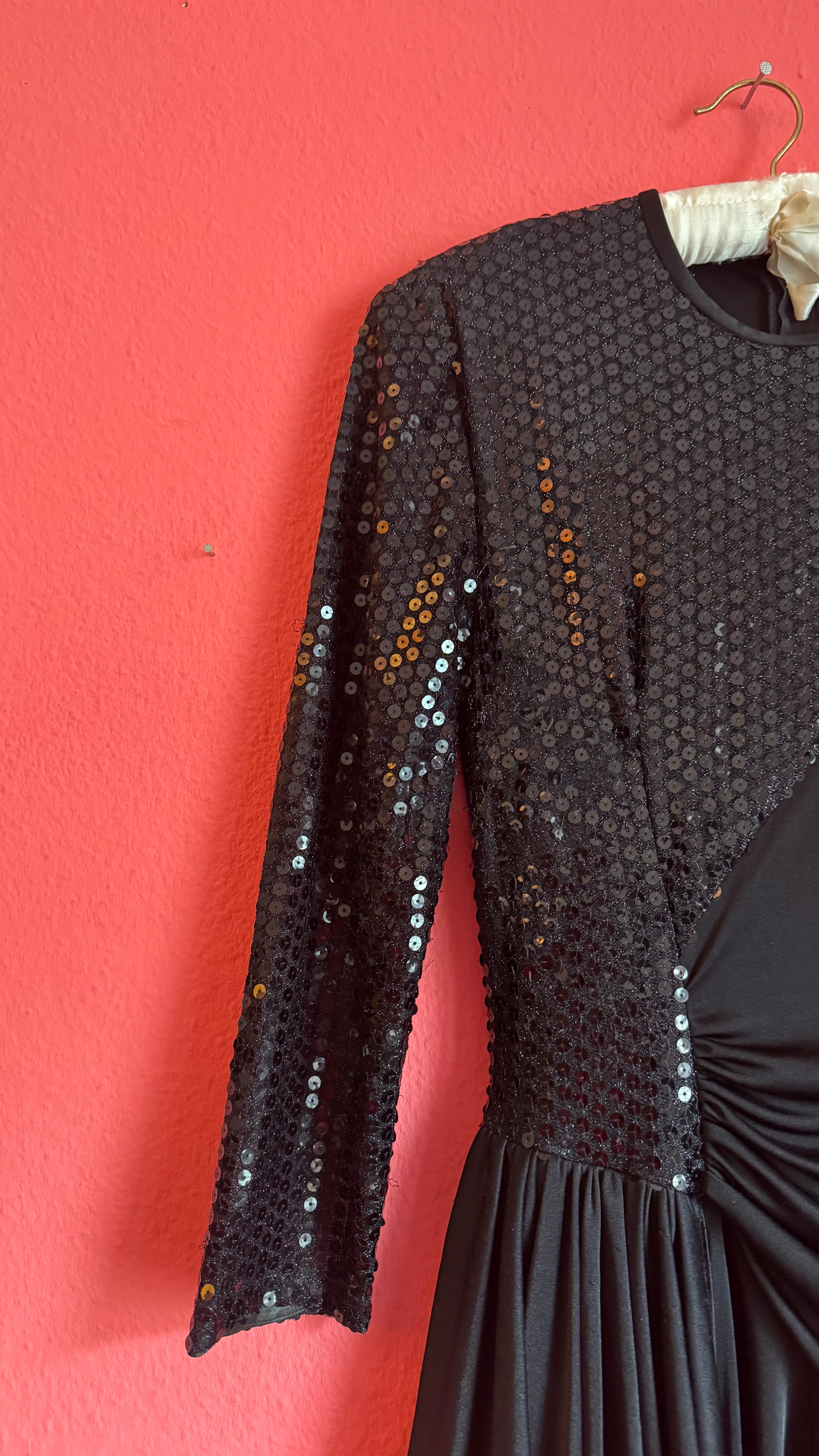 Vintage 1980s Black Sequin Draped Midi Evening Dress