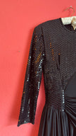 Vintage 1980s Black Sequin Draped Midi Evening Dress