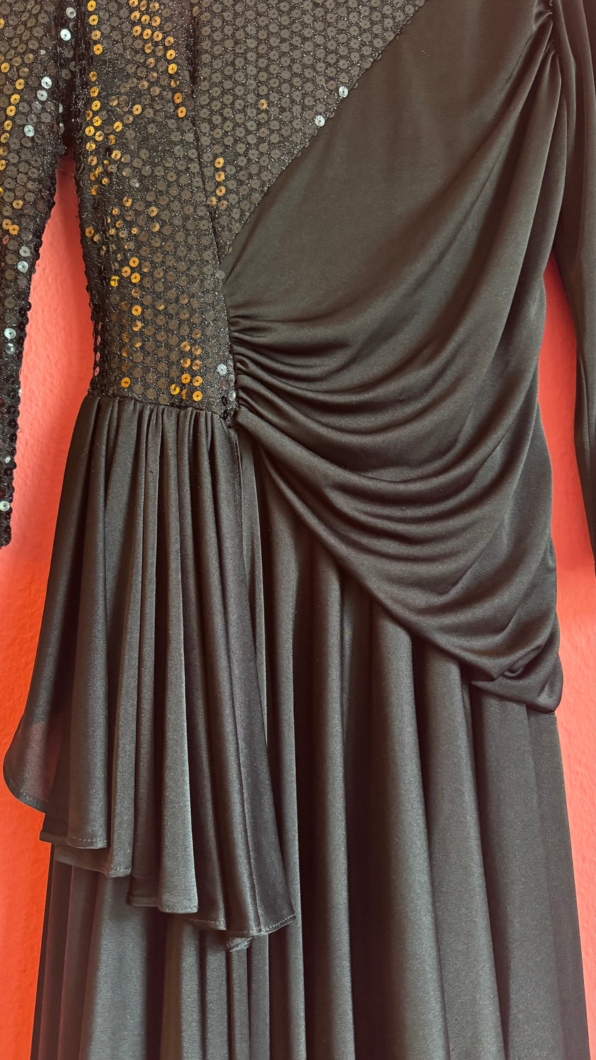 Vintage 1980s Black Sequin Draped Midi Evening Dress