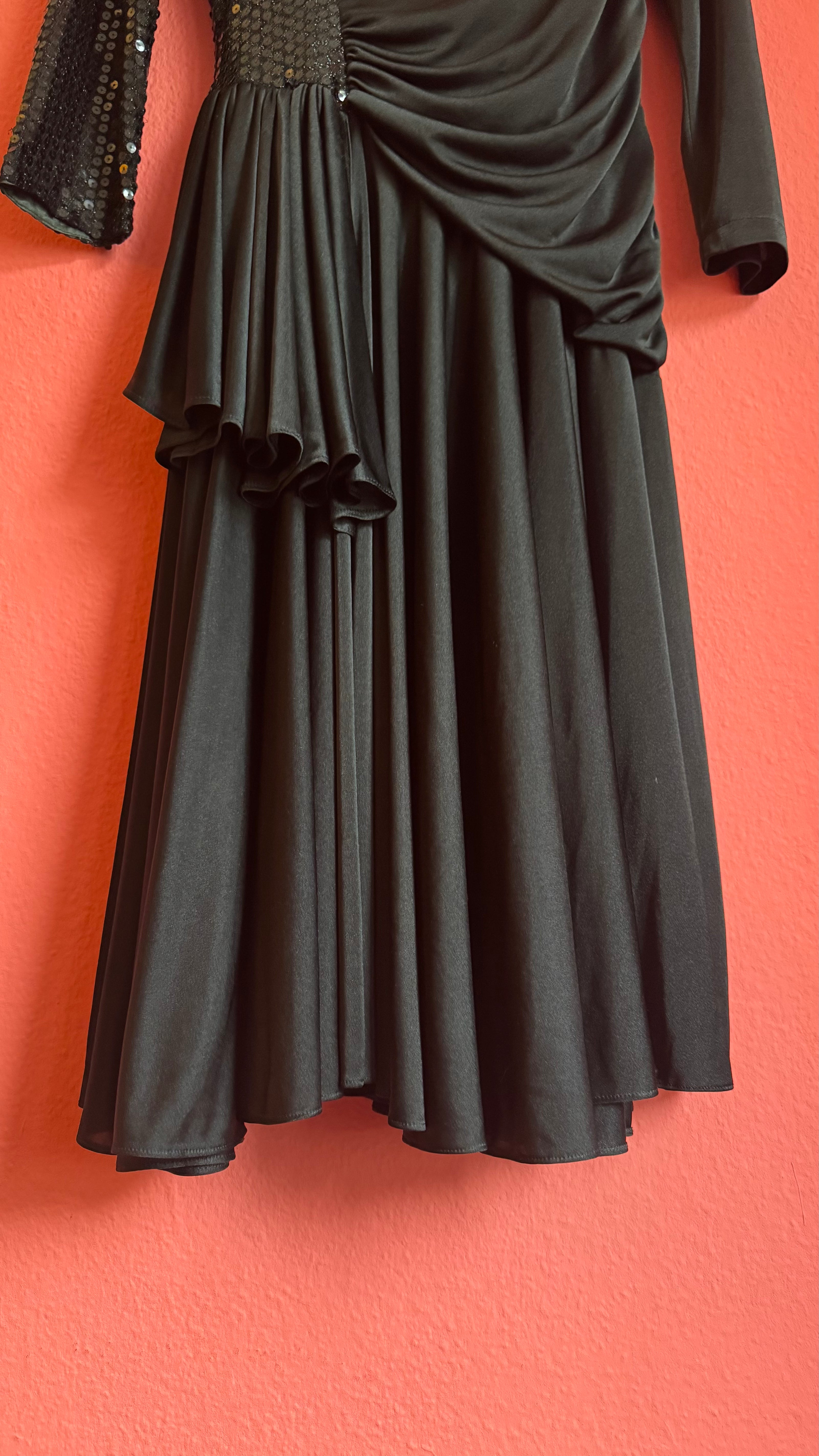 Vintage 1980s Black Sequin Draped Midi Evening Dress