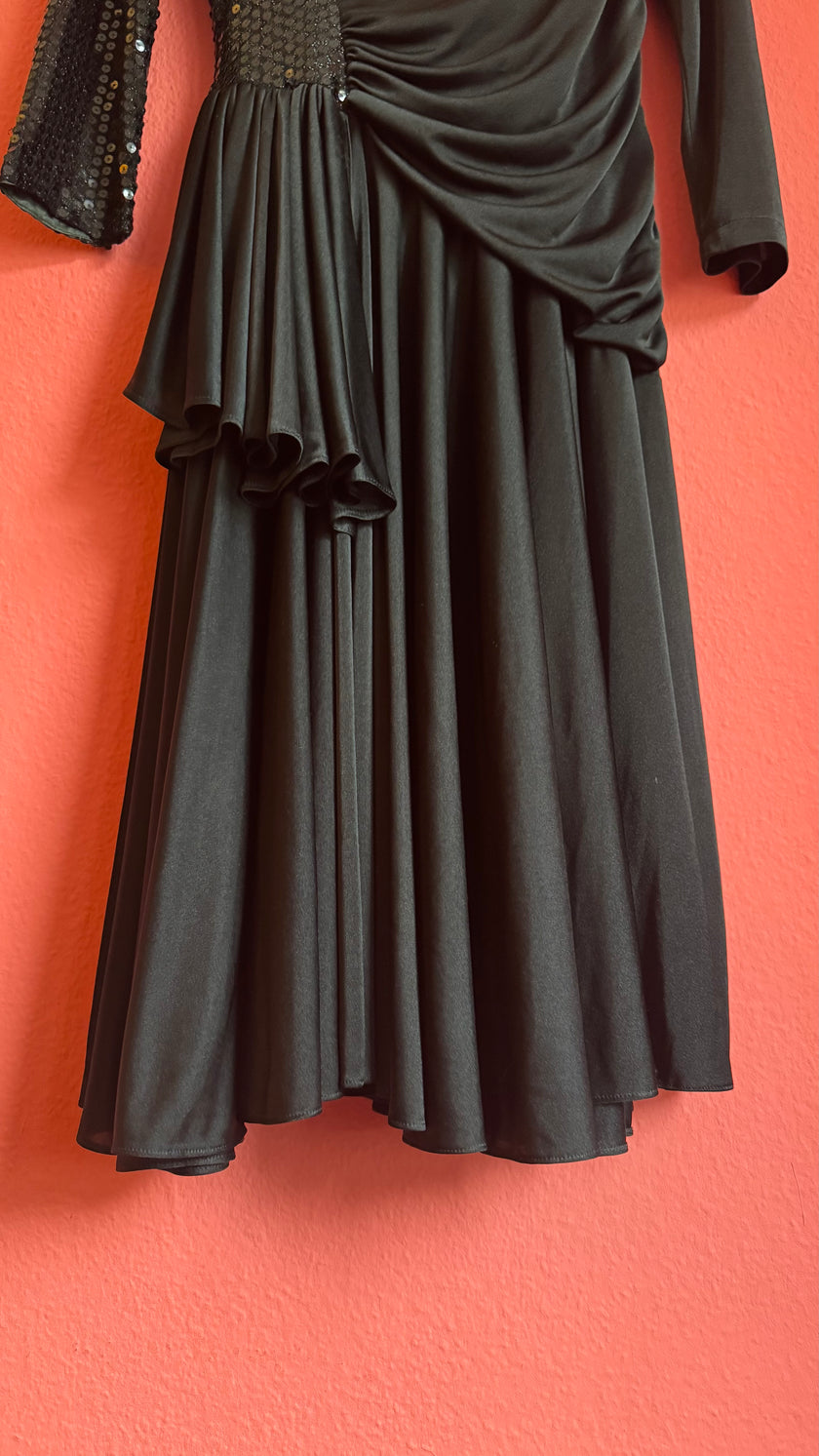 Vintage 1980s Black Sequin Draped Midi Evening Dress