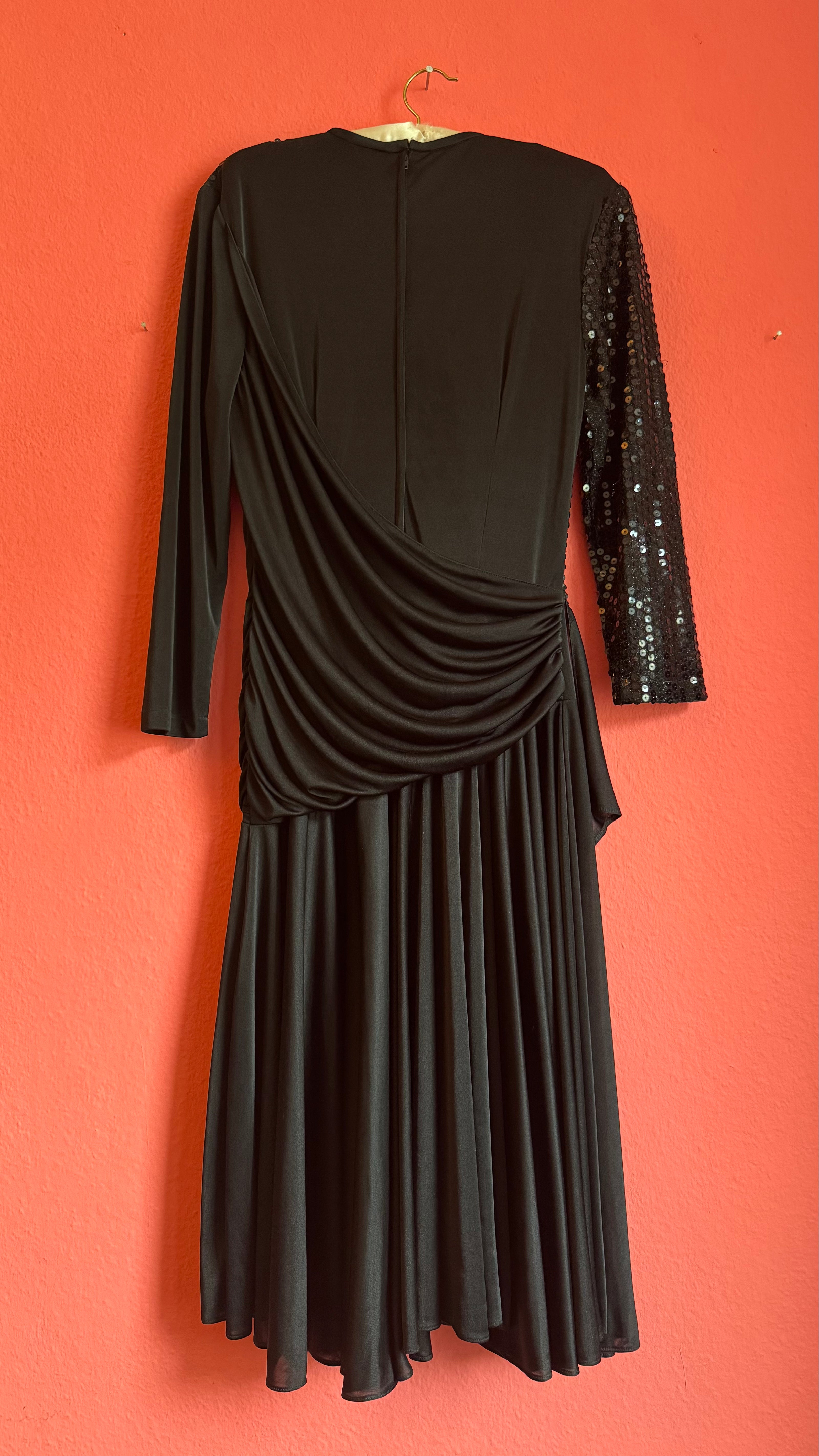 Vintage 1980s Black Sequin Draped Midi Evening Dress