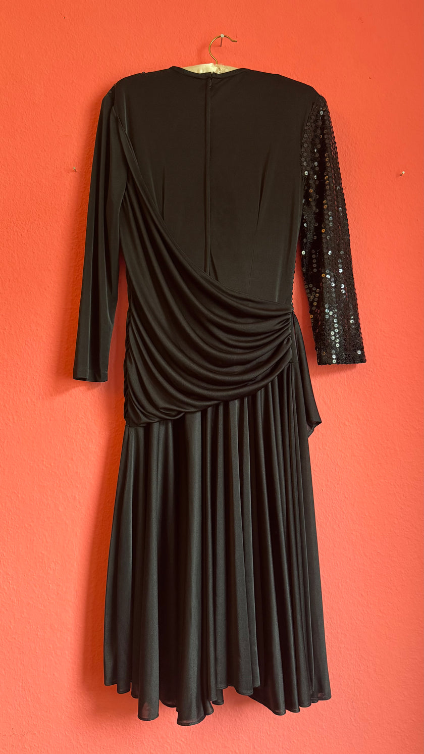 Vintage 1980s Black Sequin Draped Midi Evening Dress
