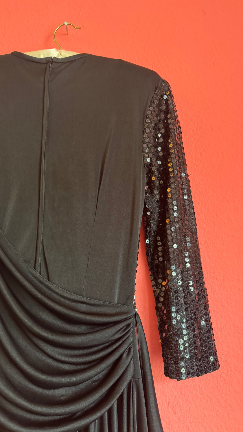 Vintage 1980s Black Sequin Draped Midi Evening Dress
