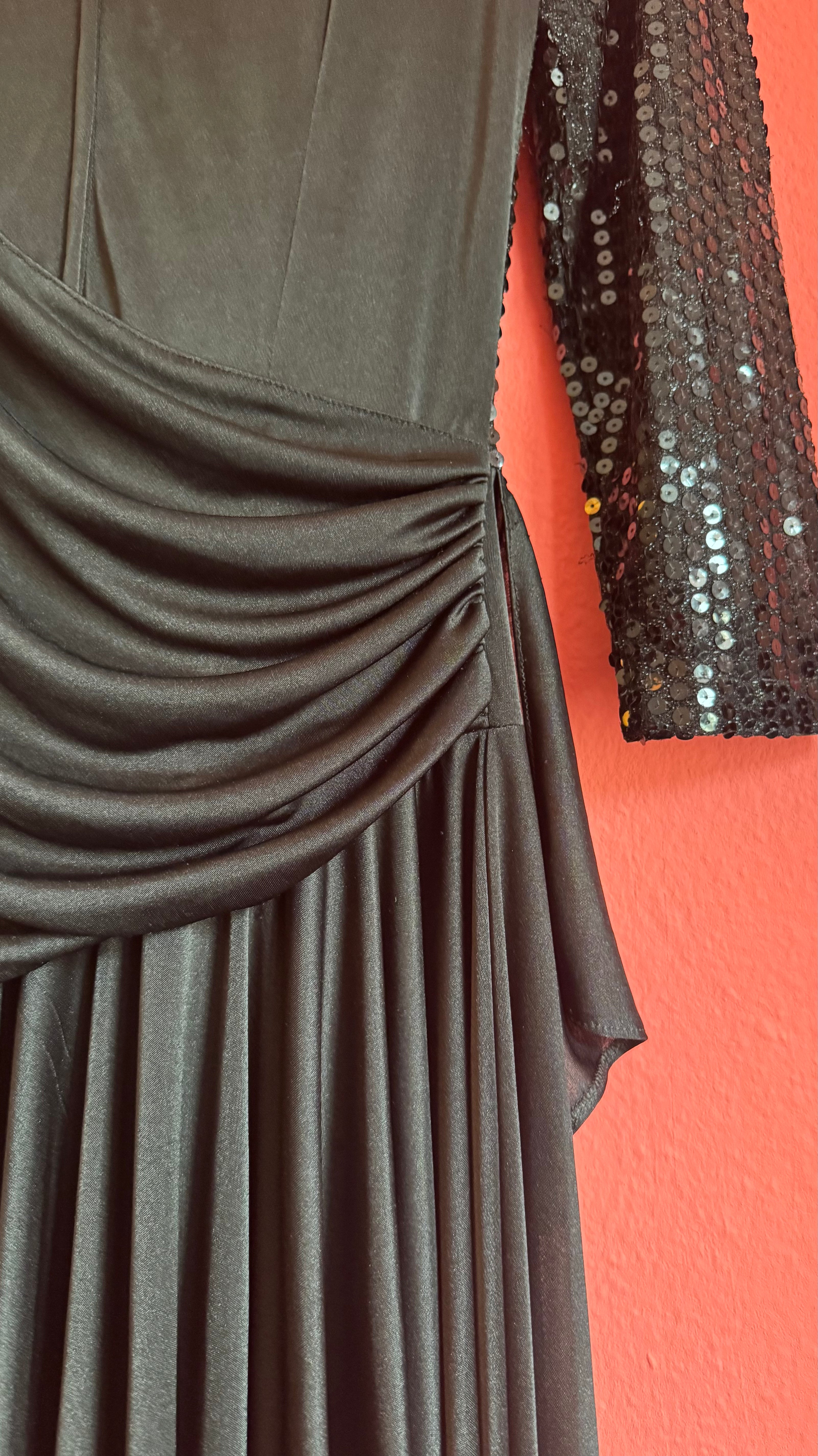 Vintage 1980s Black Sequin Draped Midi Evening Dress