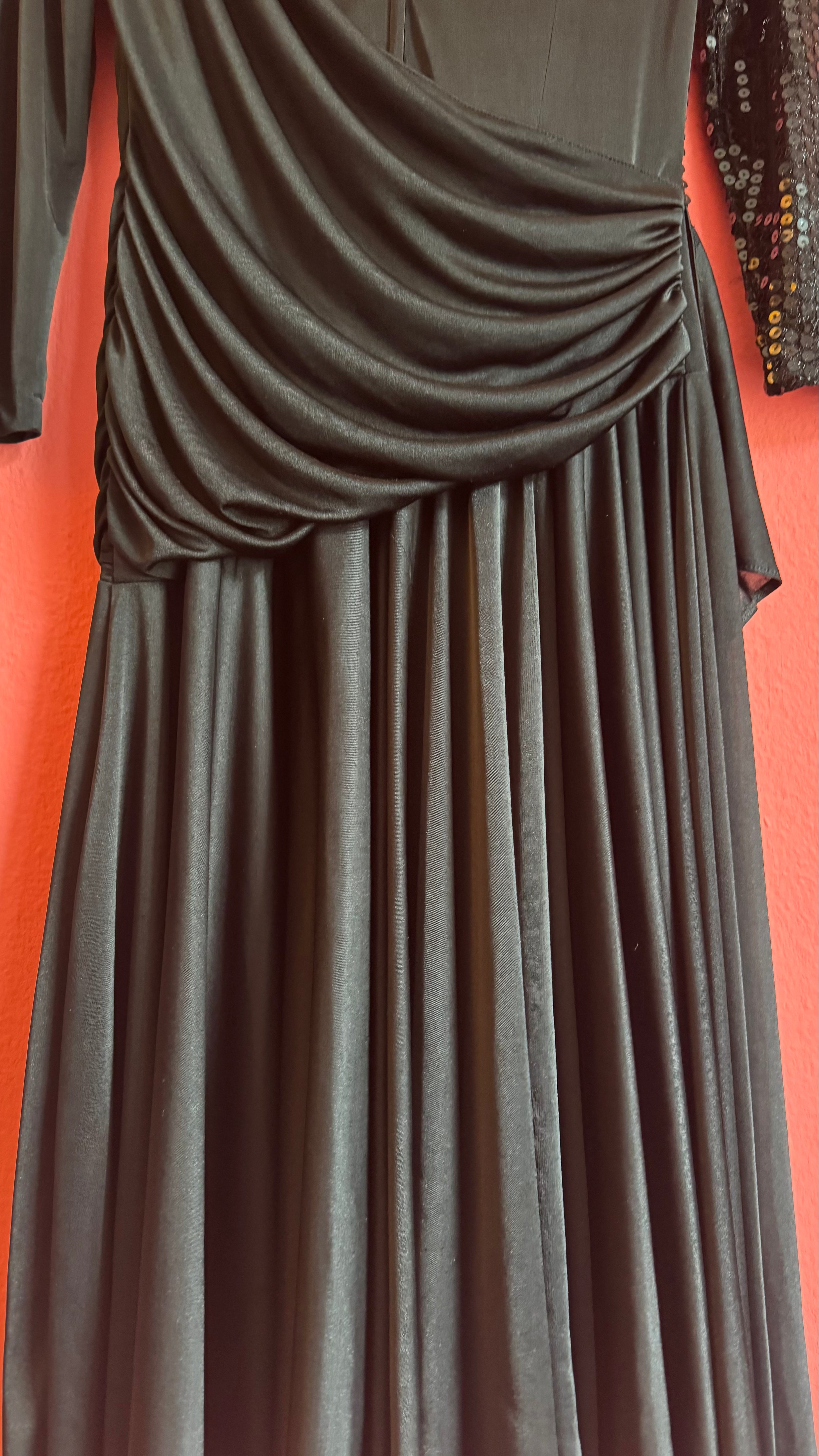 Vintage 1980s Black Sequin Draped Midi Evening Dress