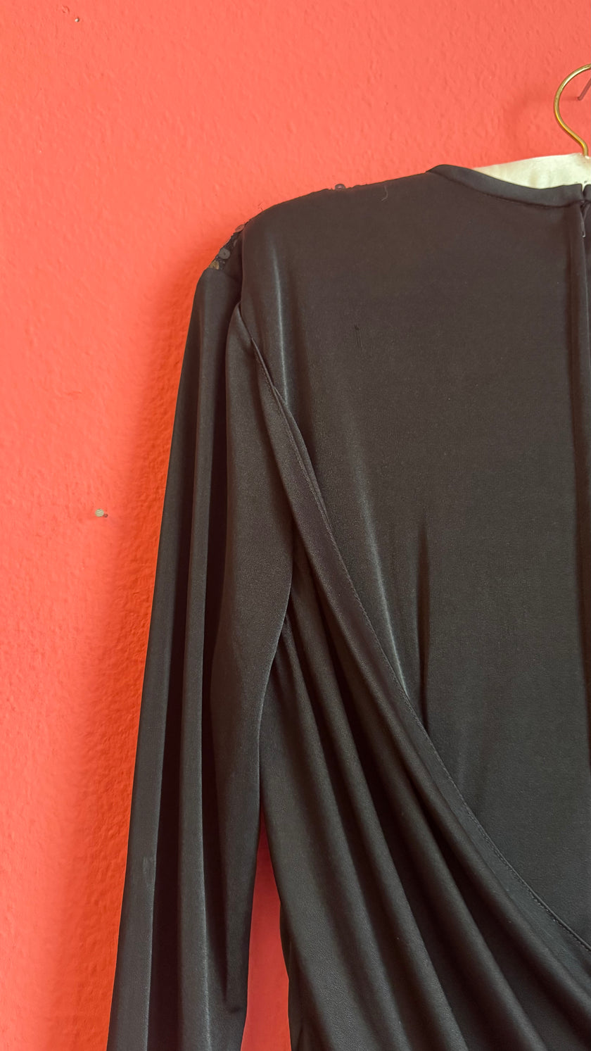 Vintage 1980s Black Sequin Draped Midi Evening Dress