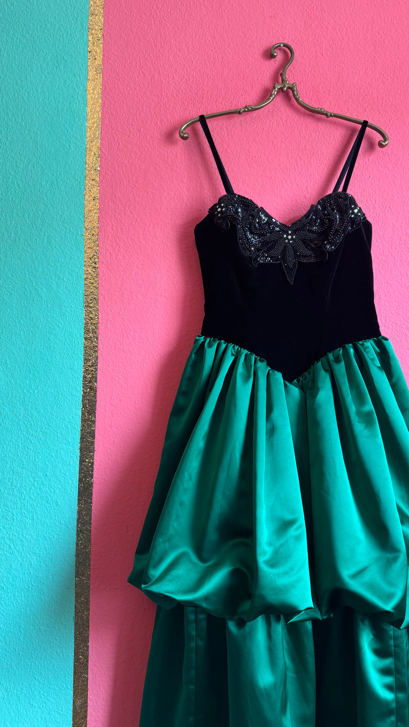 Vintage 1980s Augustat Black Velvet And Emerald Satin Evening Dress