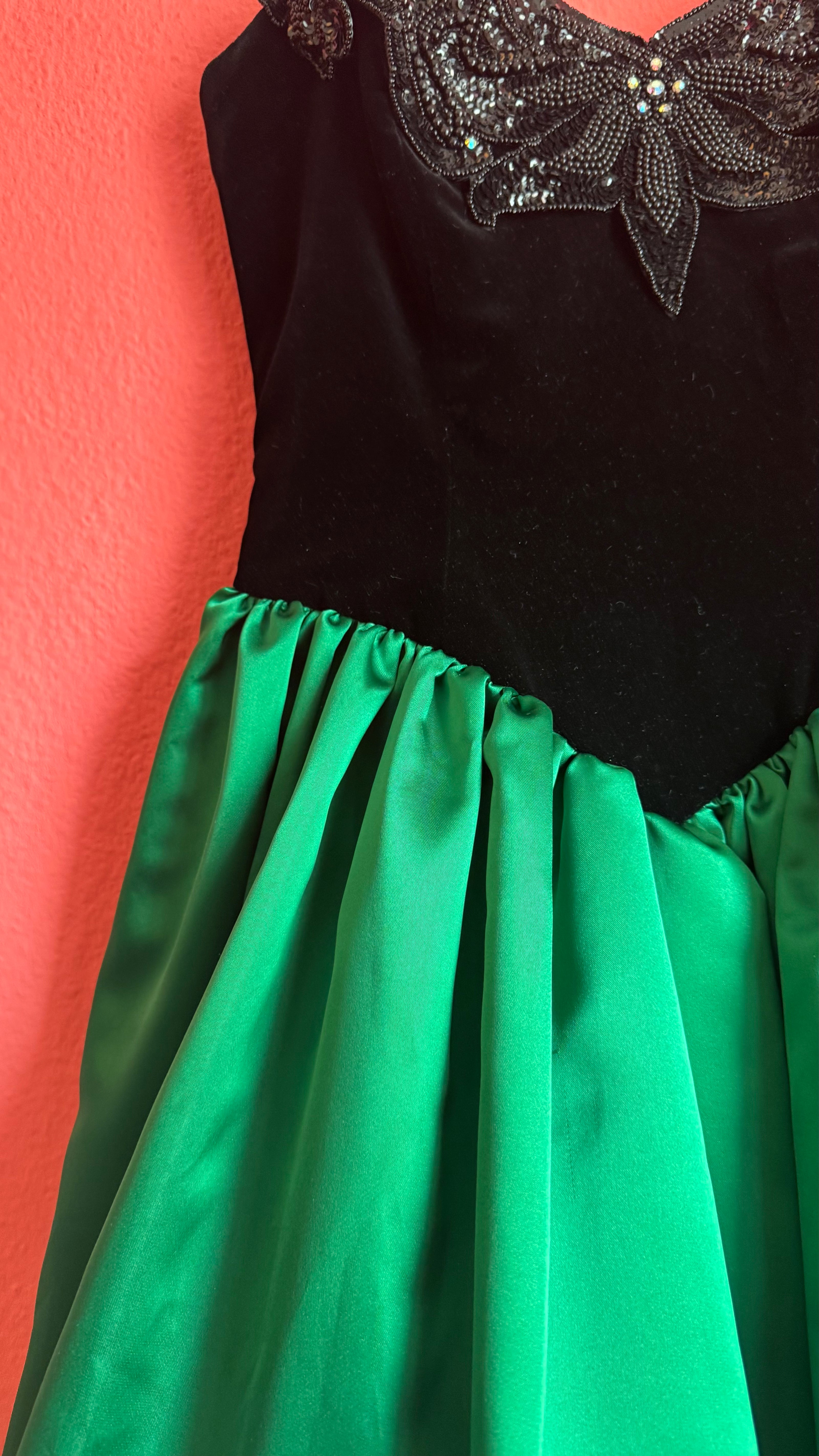 Vintage 1980s Augustat Black Velvet And Emerald Satin Evening Dress