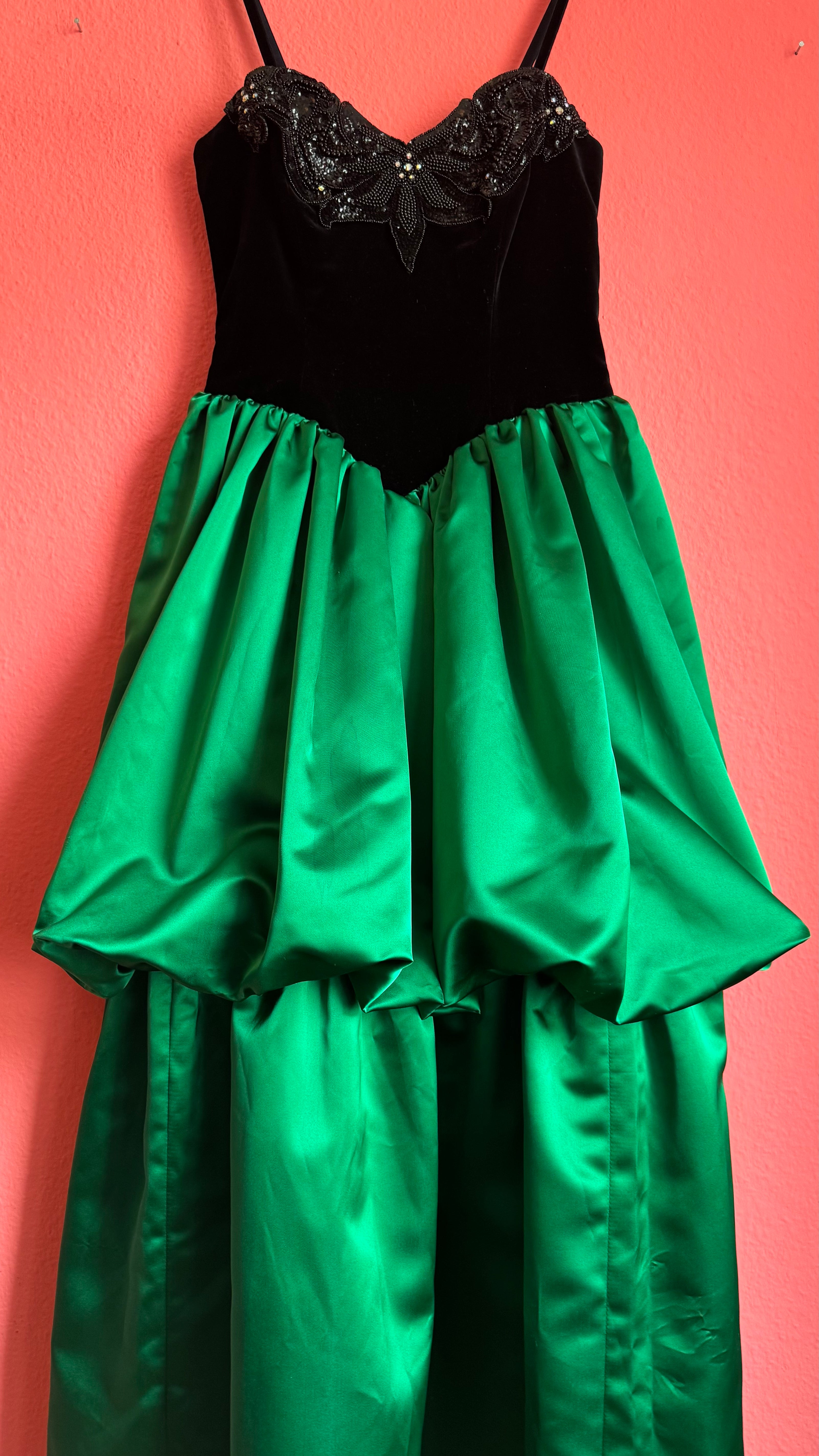 Vintage 1980s Augustat Black Velvet And Emerald Satin Evening Dress