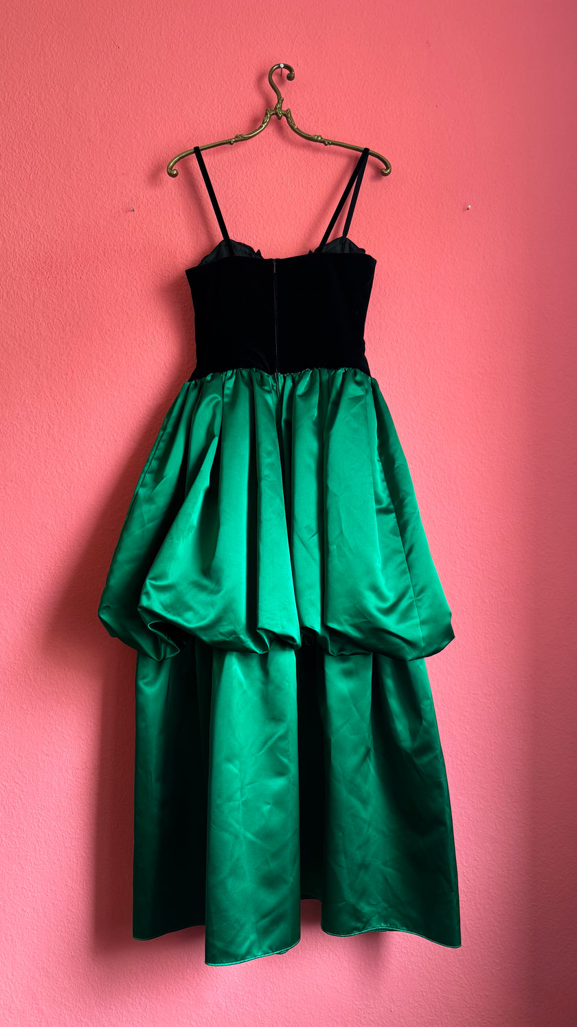 Vintage 1980s Augustat Black Velvet And Emerald Satin Evening Dress
