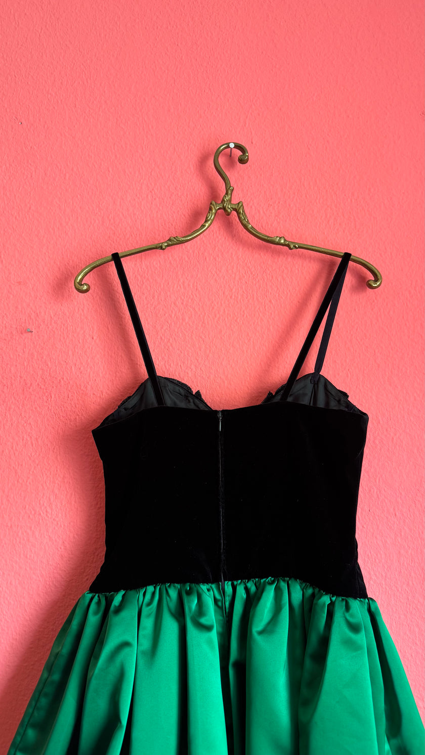 Vintage 1980s Augustat Black Velvet And Emerald Satin Evening Dress