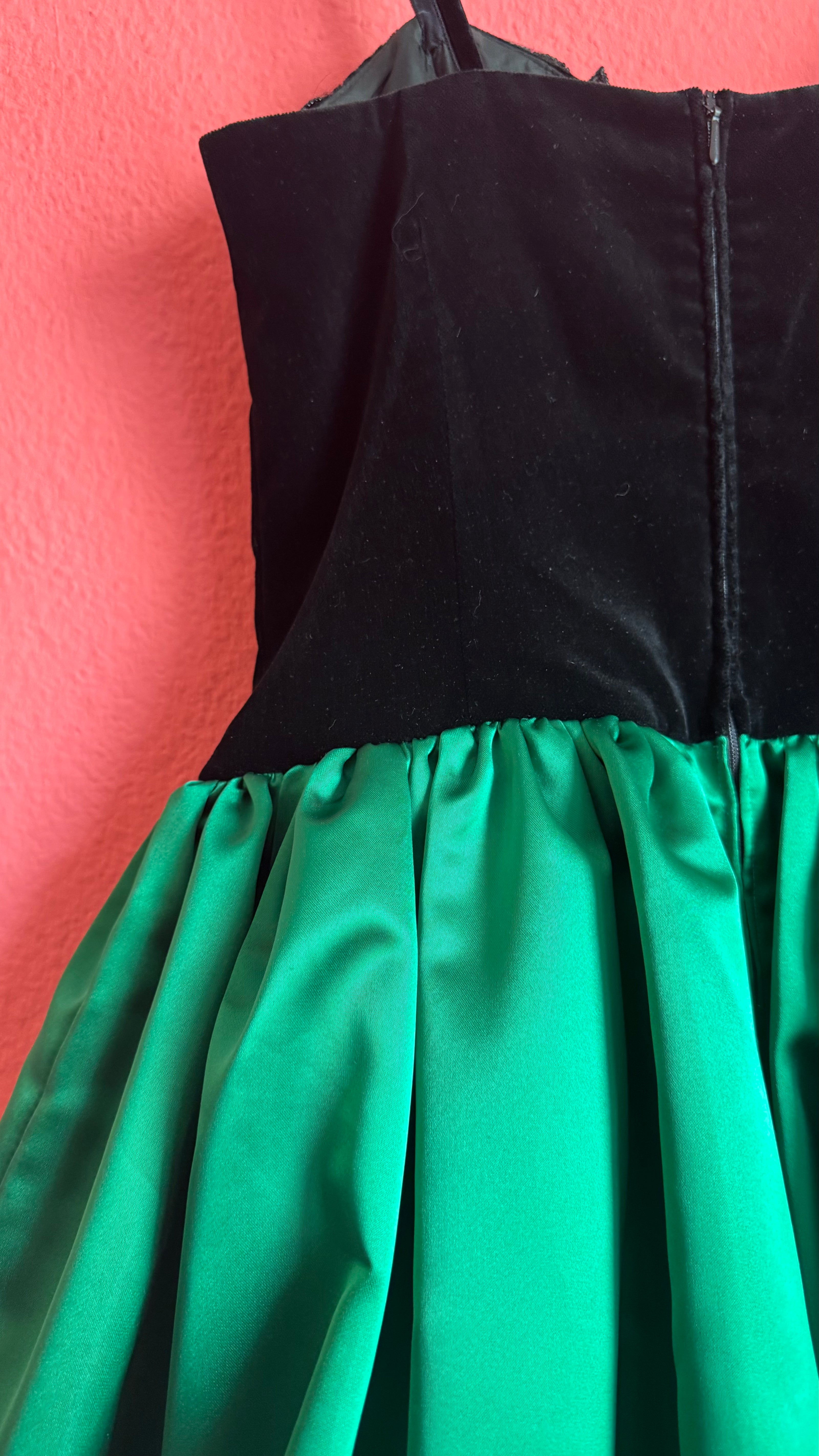 Vintage 1980s Augustat Black Velvet And Emerald Satin Evening Dress