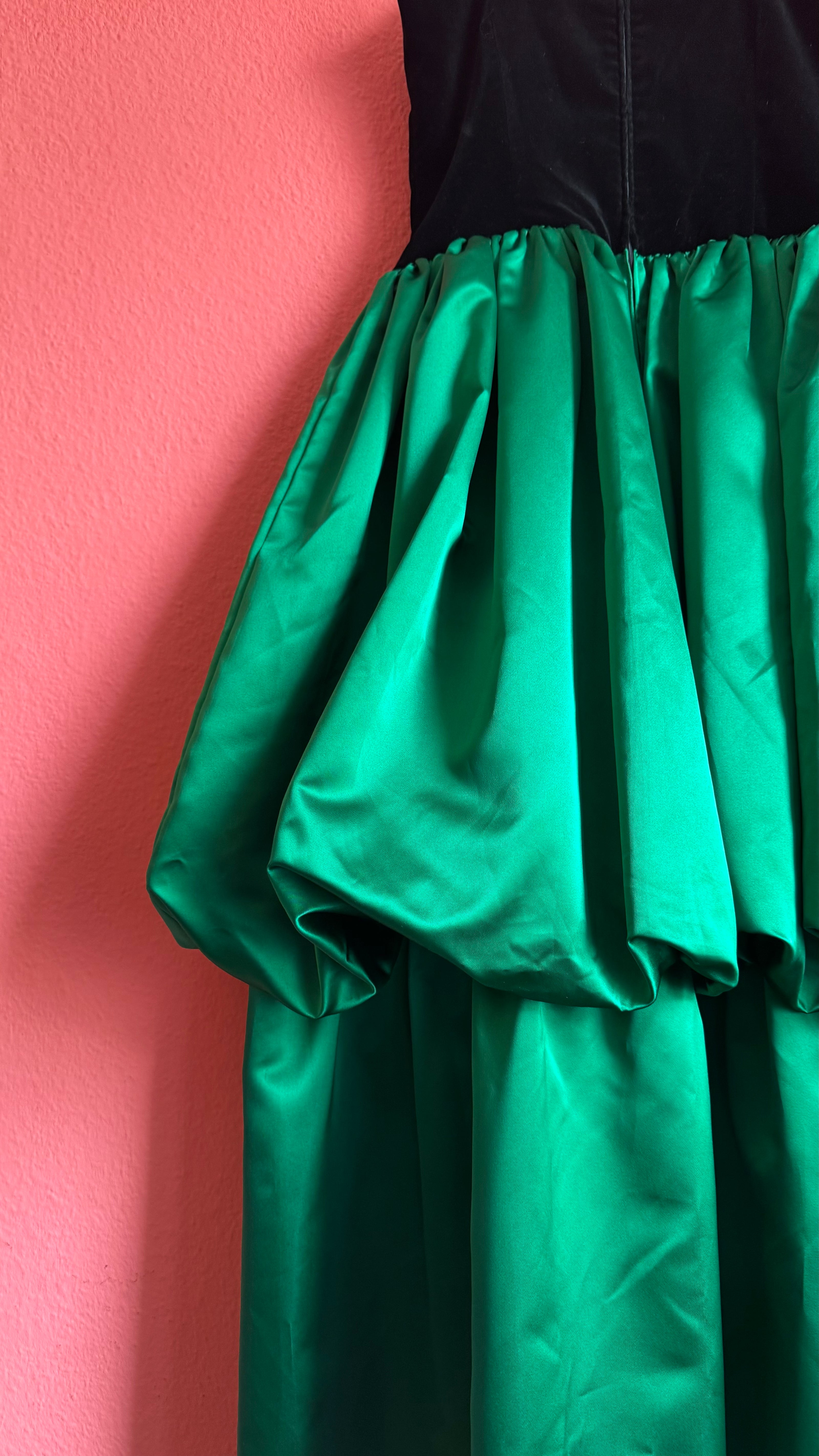Vintage 1980s Augustat Black Velvet And Emerald Satin Evening Dress