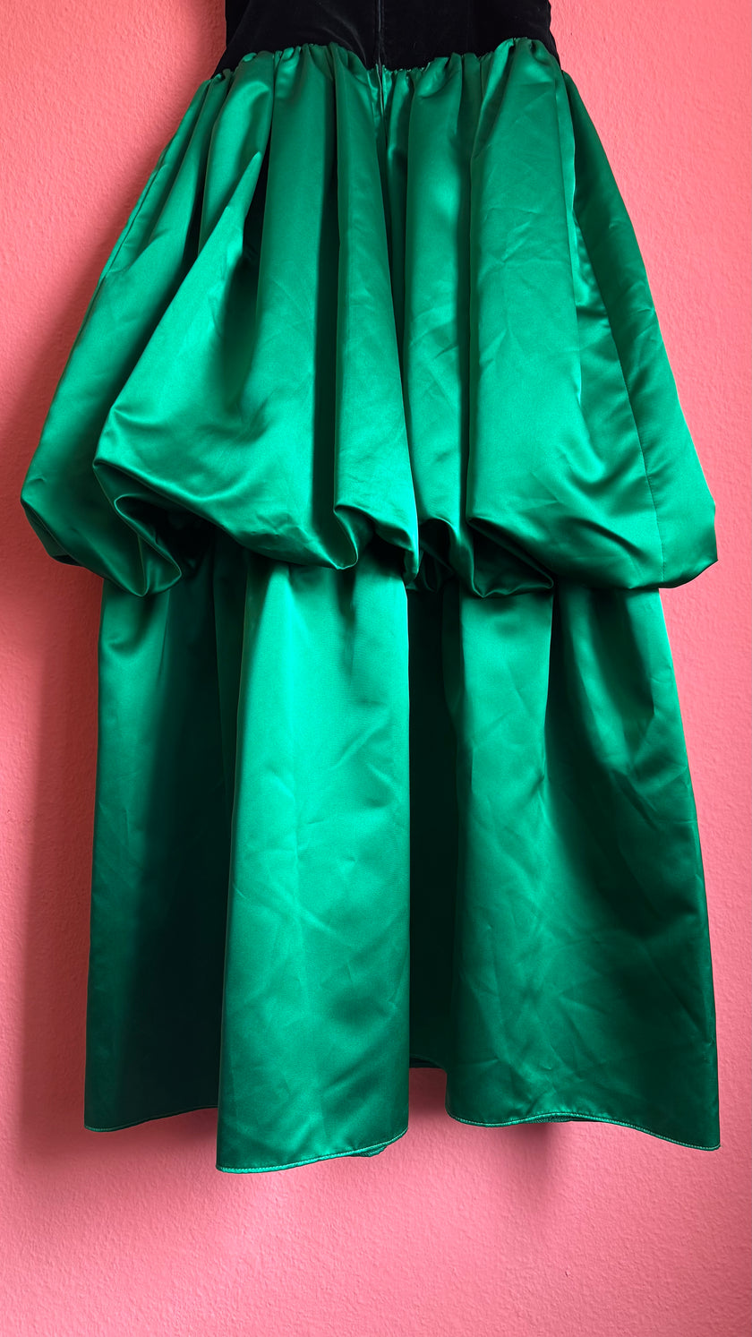 Vintage 1980s Augustat Black Velvet And Emerald Satin Evening Dress