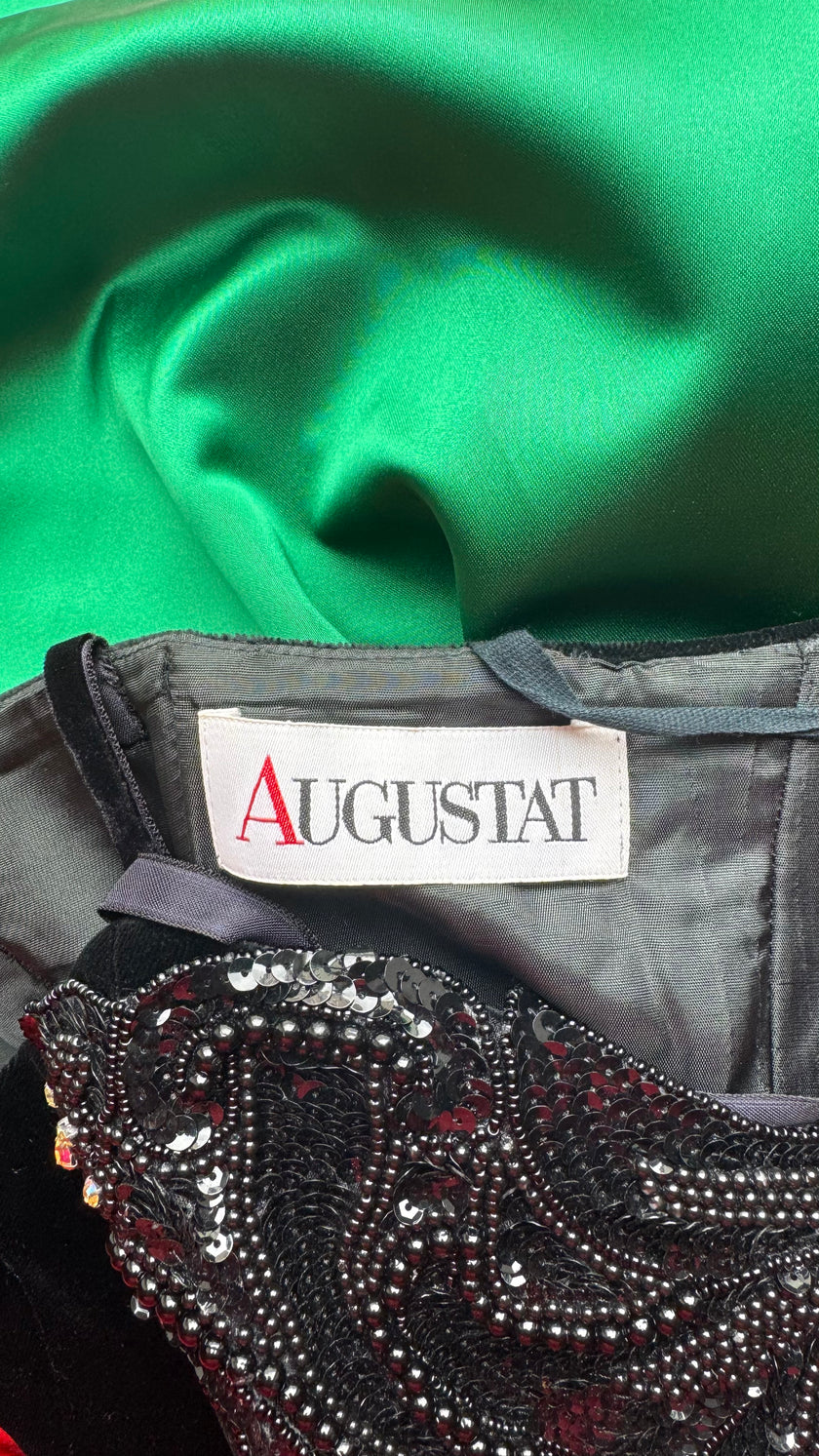 Vintage 1980s Augustat Black Velvet And Emerald Satin Evening Dress