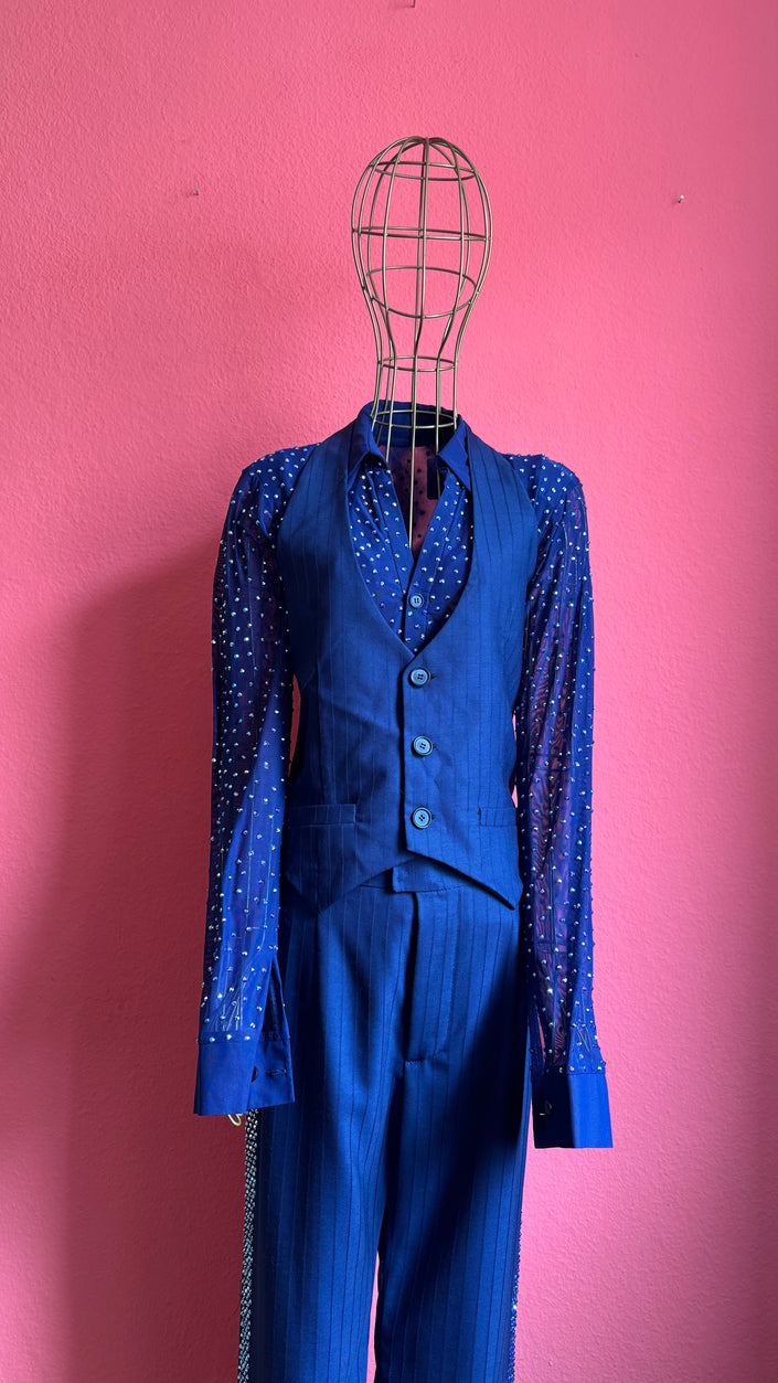 Vintage 1990s Navy Pinstripe Vest, Trouser And Rhinestone Bodysuit Set