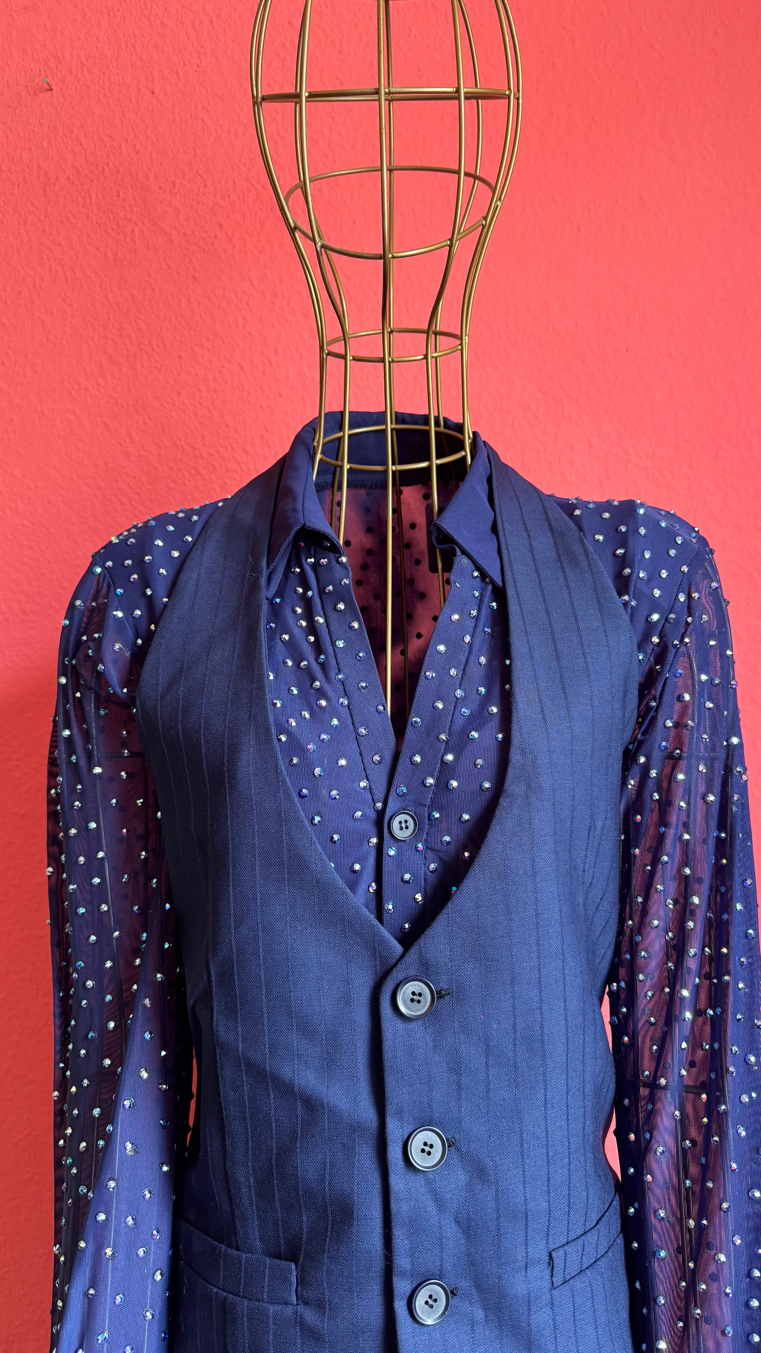 Vintage 1990s Navy Pinstripe Vest, Trouser And Rhinestone Bodysuit Set