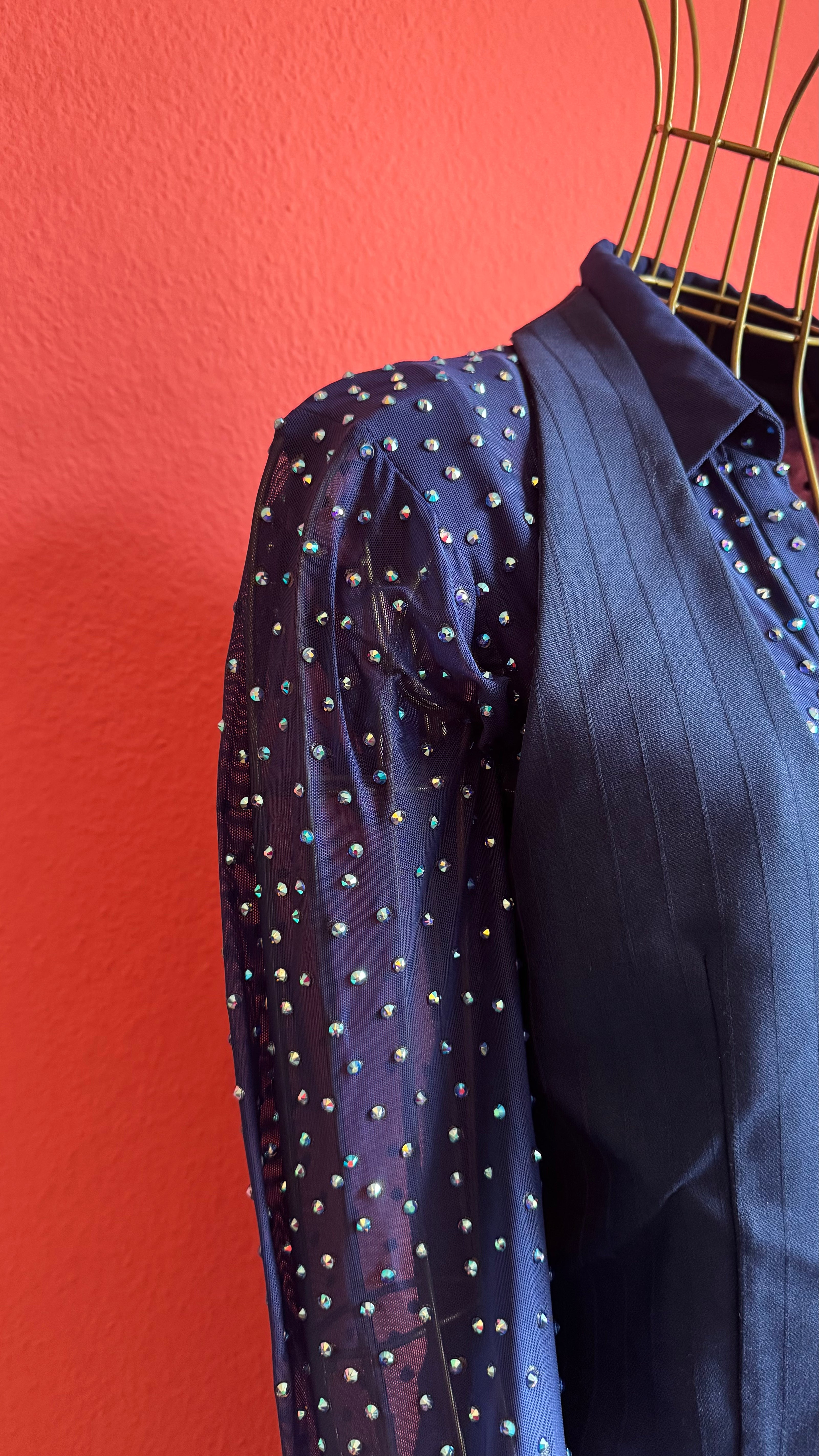 Vintage 1990s Navy Pinstripe Vest, Trouser And Rhinestone Bodysuit Set