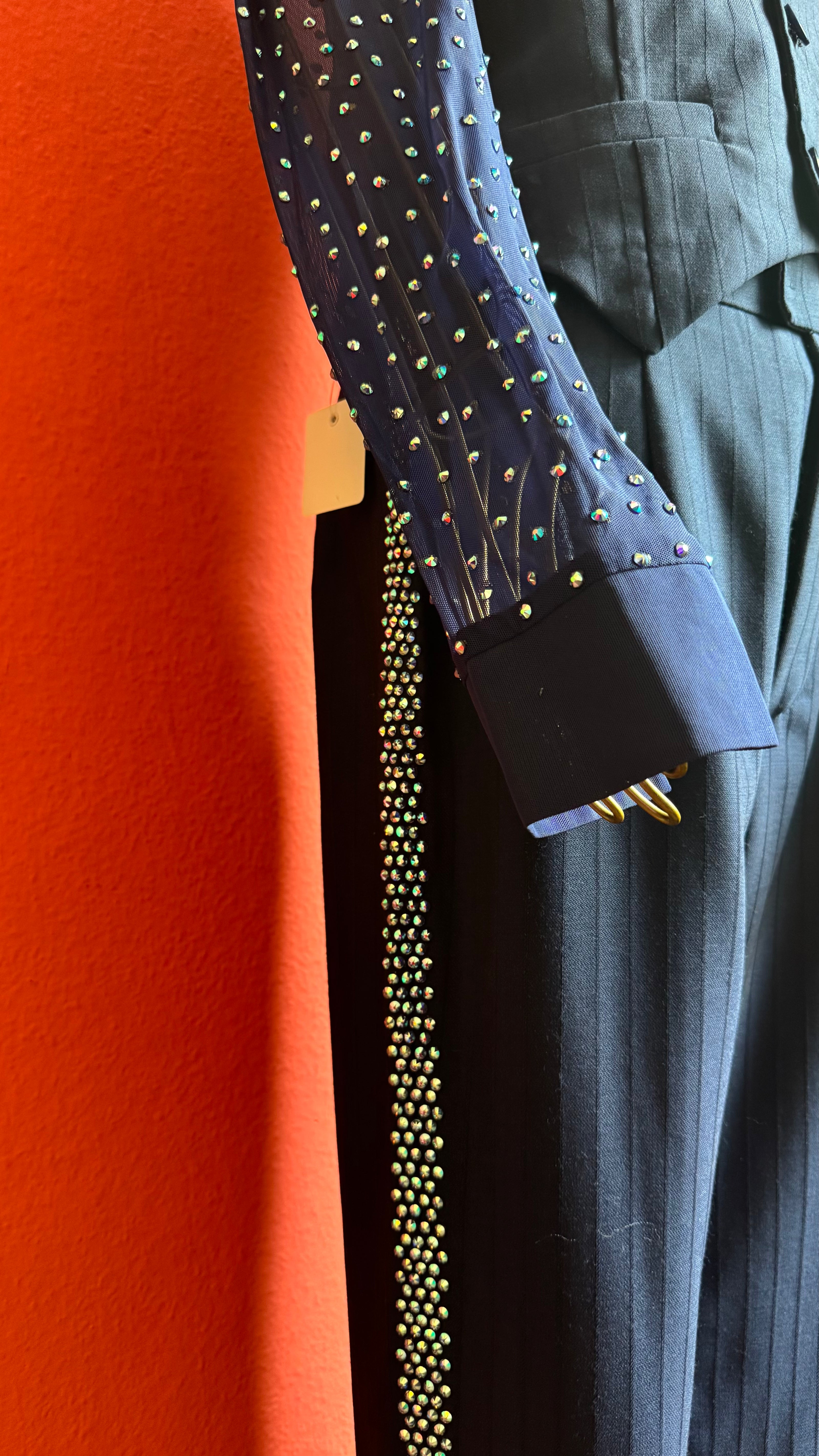 Vintage 1990s Navy Pinstripe Vest, Trouser And Rhinestone Bodysuit Set