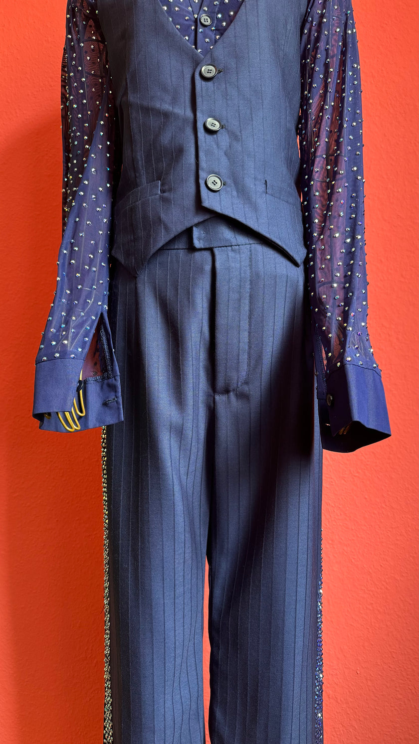 Vintage 1990s Navy Pinstripe Vest, Trouser And Rhinestone Bodysuit Set