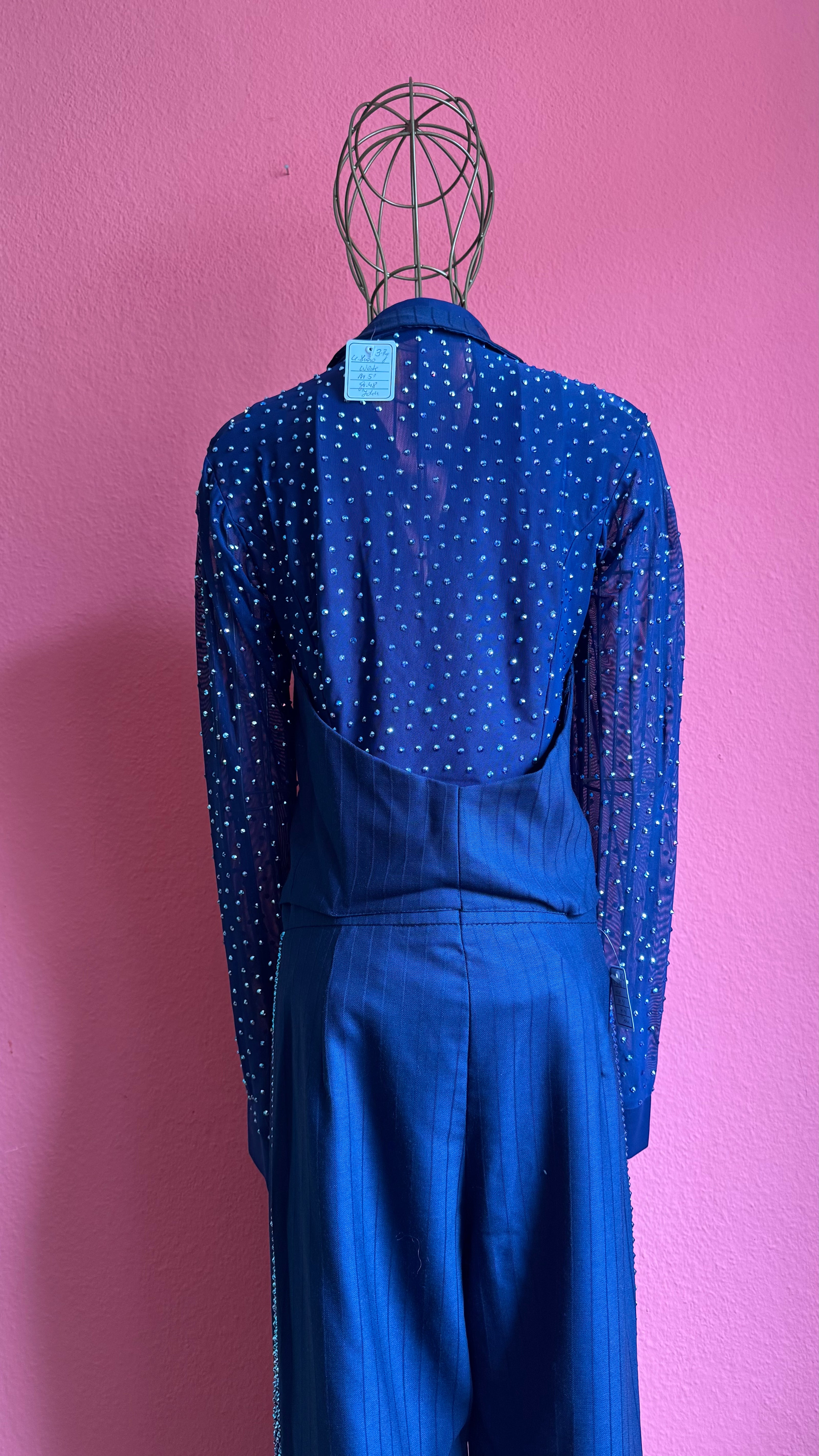 Vintage 1990s Navy Pinstripe Vest, Trouser And Rhinestone Bodysuit Set