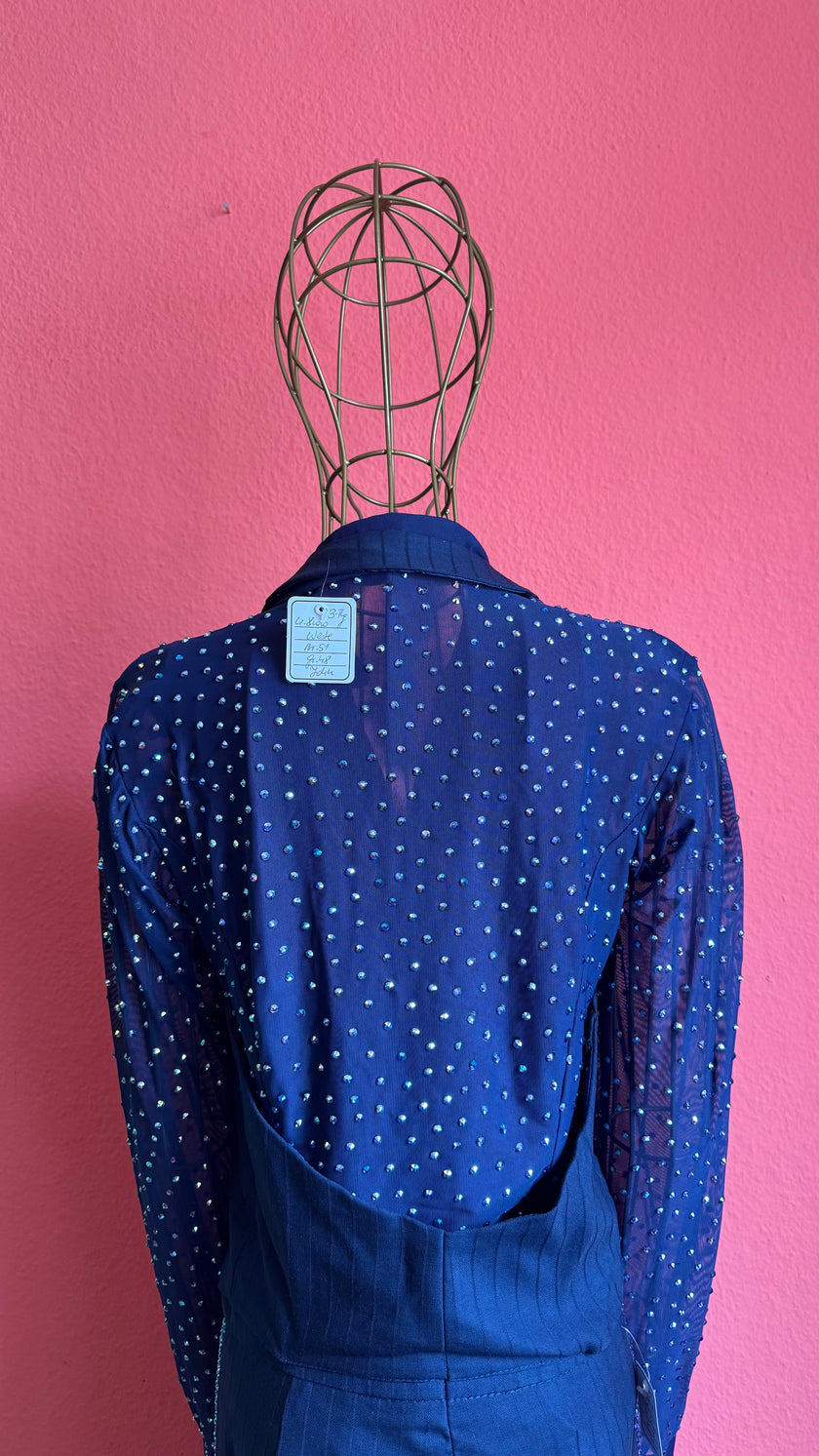 Vintage 1990s Navy Pinstripe Vest, Trouser And Rhinestone Bodysuit Set