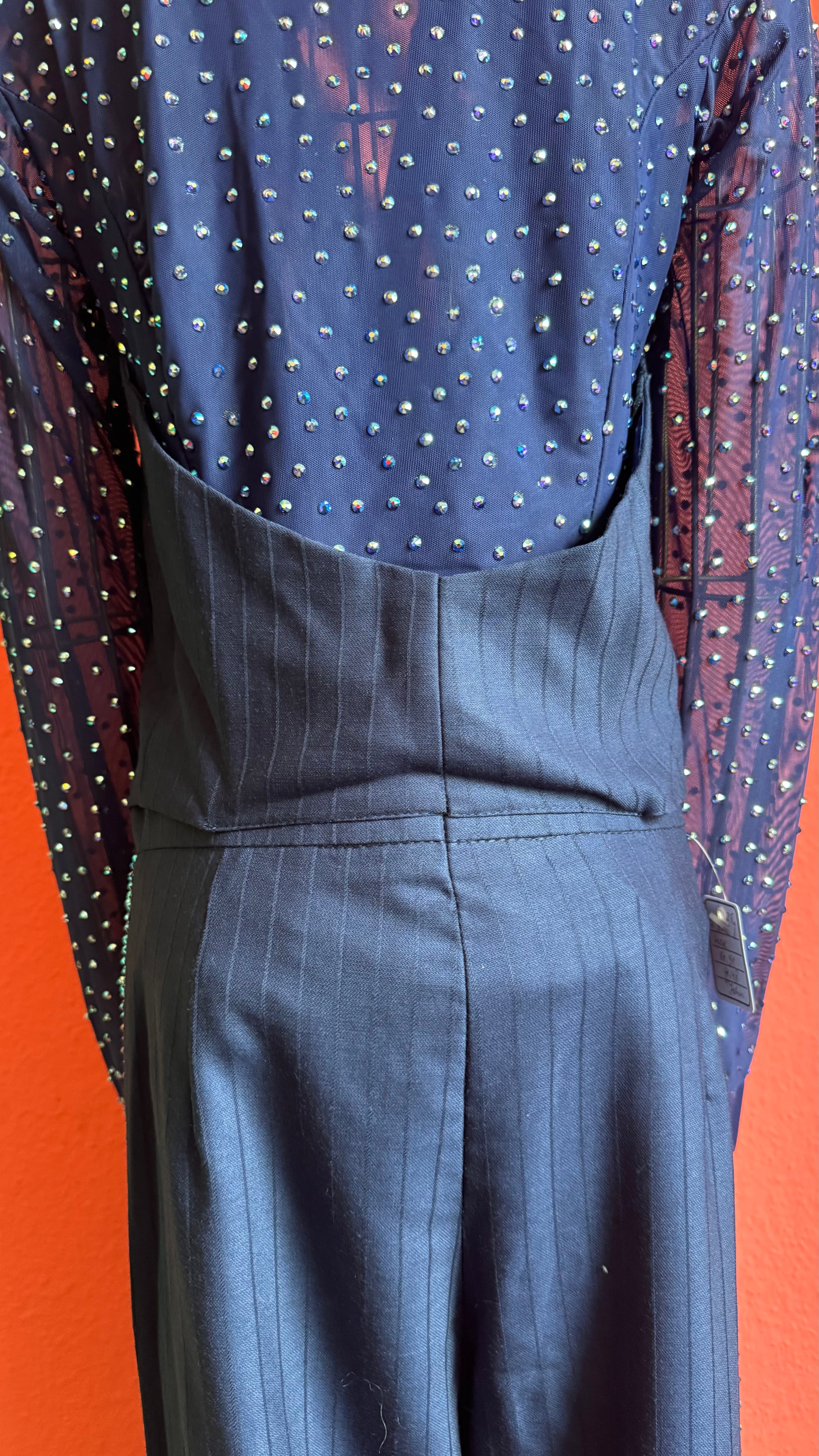Vintage 1990s Navy Pinstripe Vest, Trouser And Rhinestone Bodysuit Set