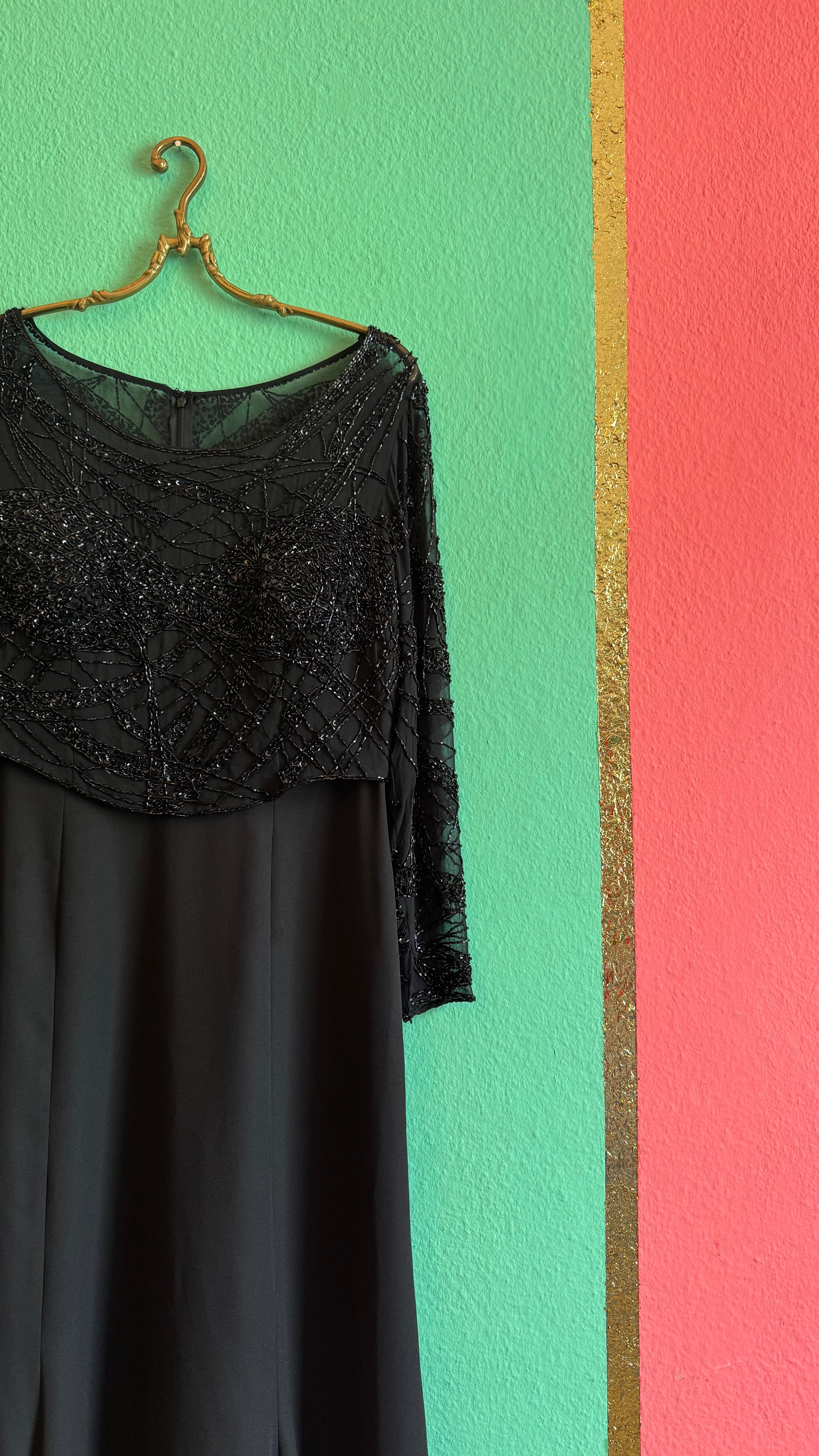 Vintage 1980s Augustat Black Beaded Evening Dress