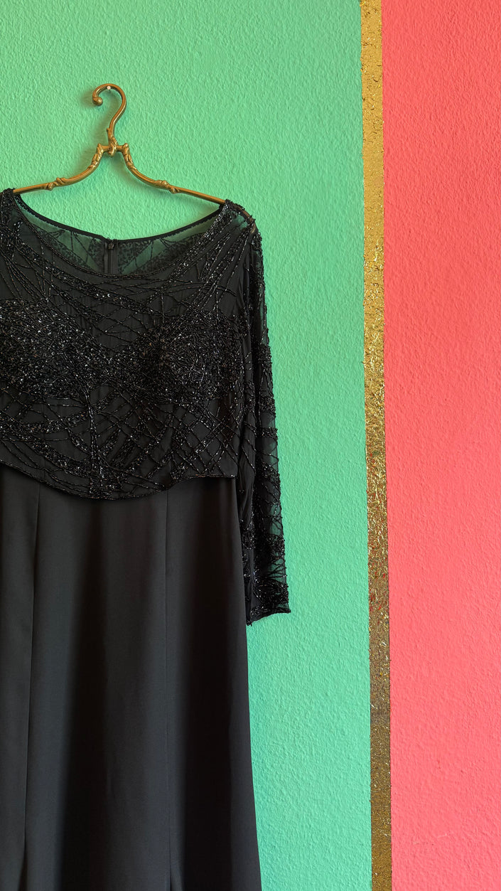 Vintage 1980s Augustat Black Beaded Evening Dress