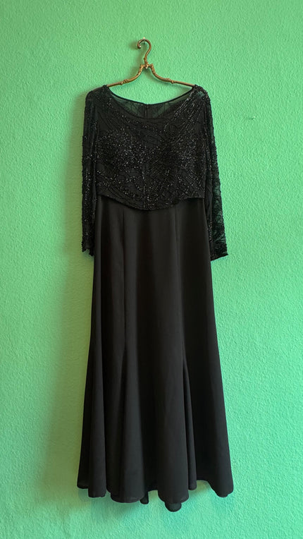 Vintage 1980s Augustat Black Beaded Evening Dress