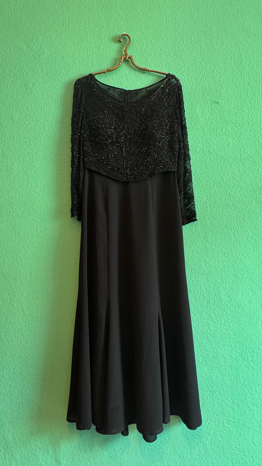 Vintage 1980s Augustat Black Beaded Evening Dress