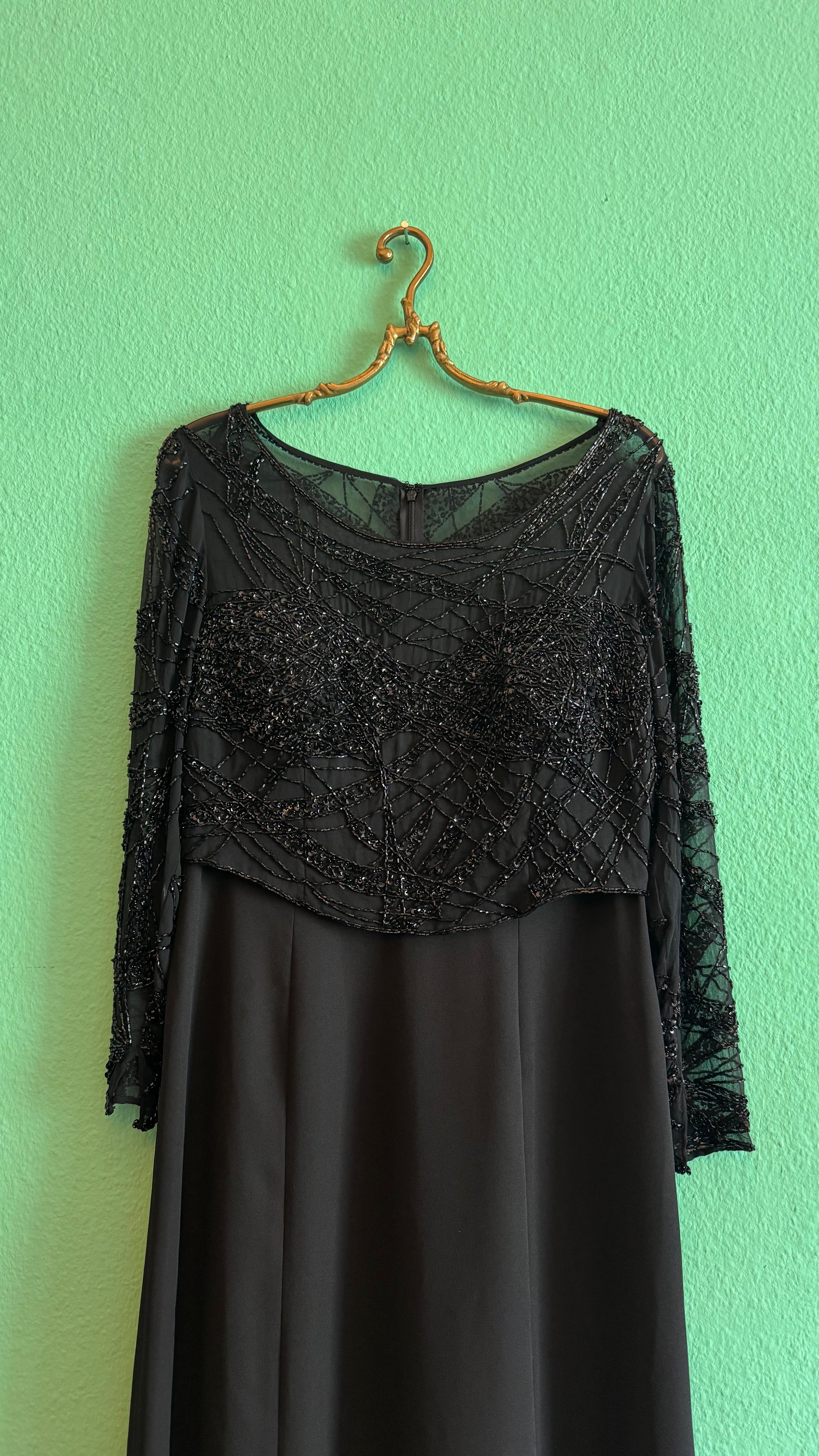 Vintage 1980s Augustat Black Beaded Evening Dress