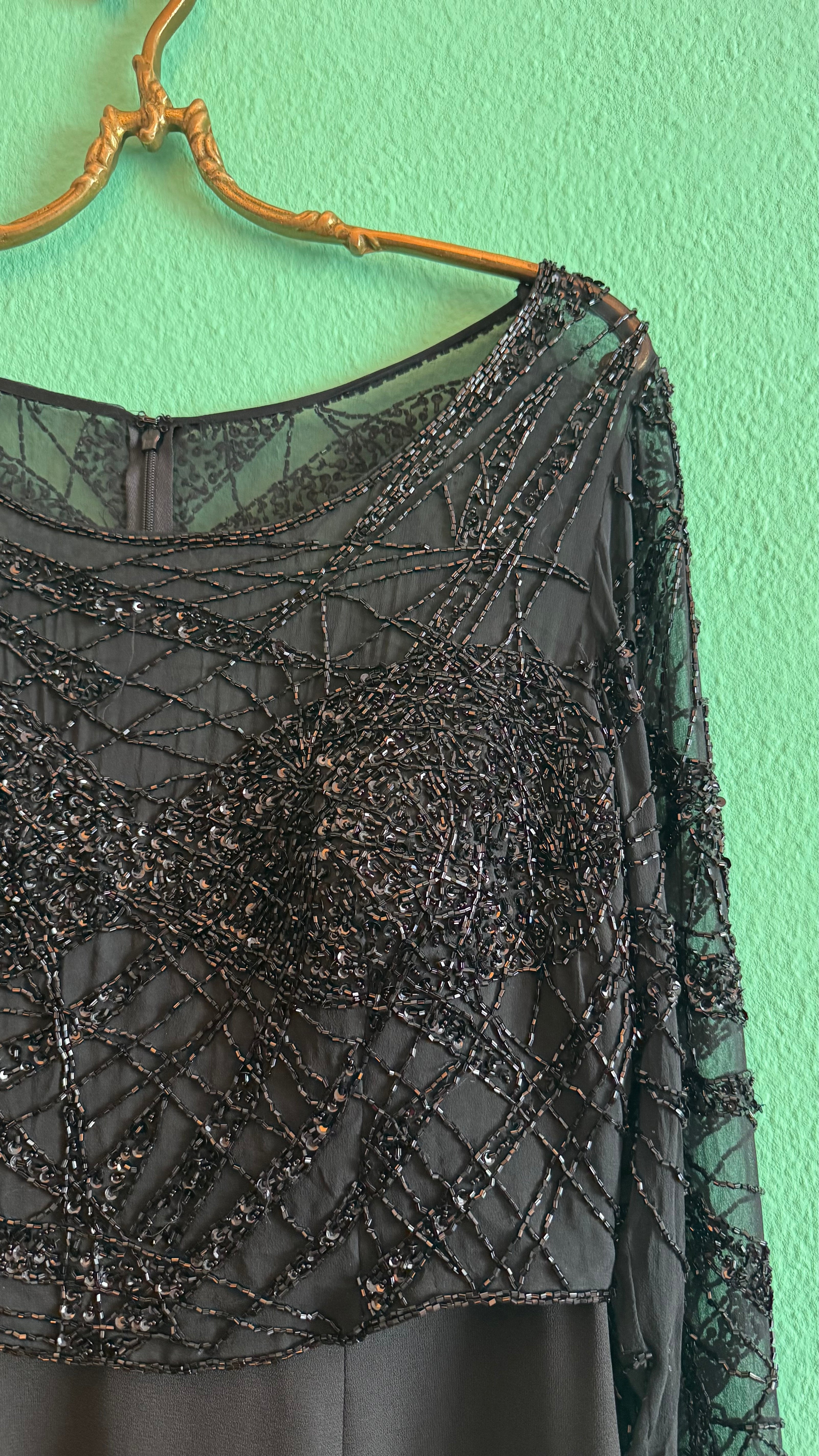 Vintage 1980s Augustat Black Beaded Evening Dress