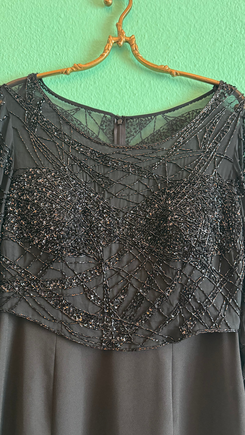 Vintage 1980s Augustat Black Beaded Evening Dress