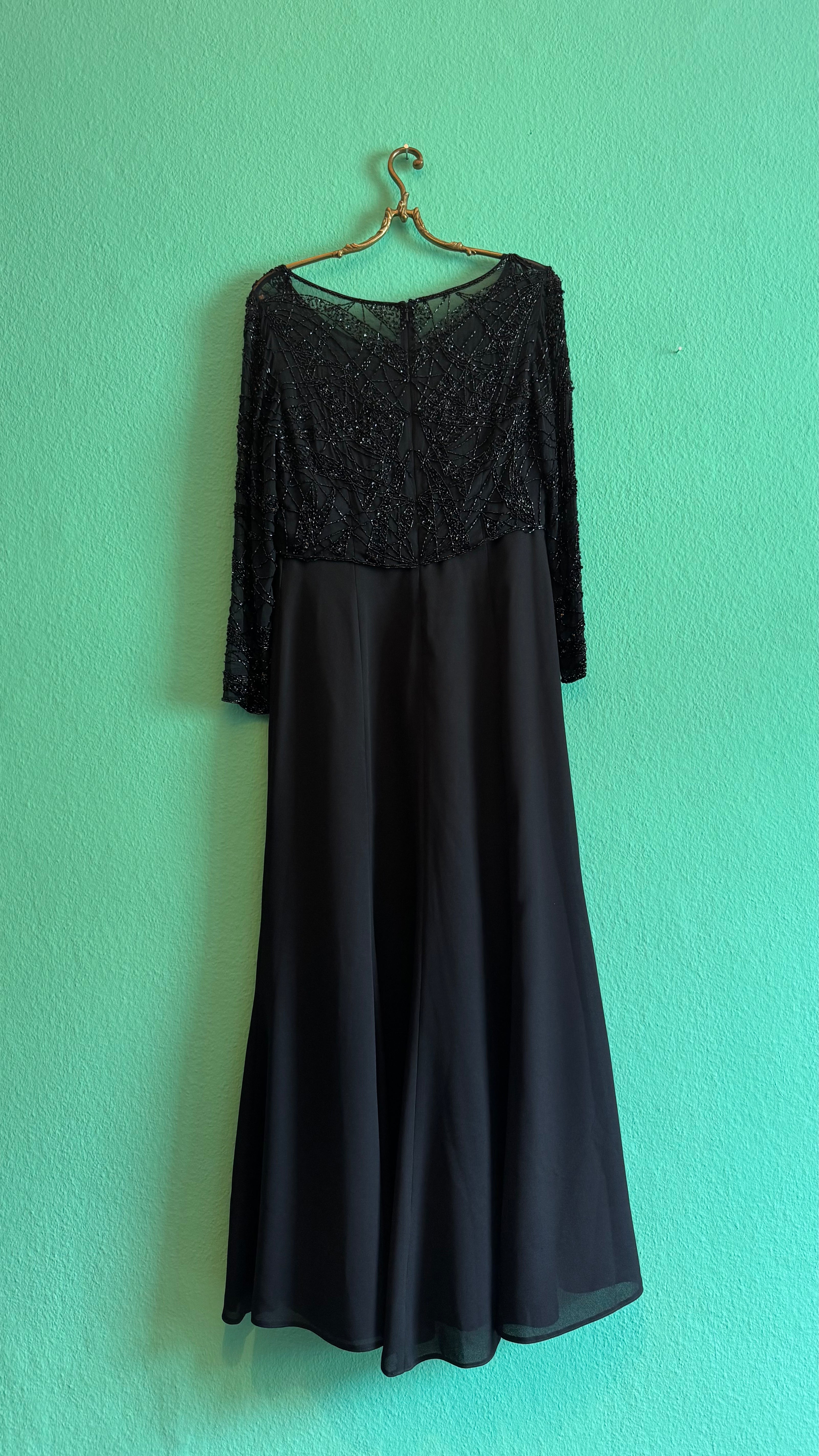 Vintage 1980s Augustat Black Beaded Evening Dress