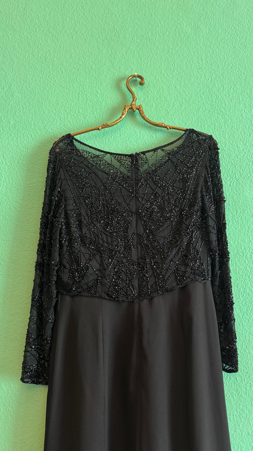 Vintage 1980s Augustat Black Beaded Evening Dress