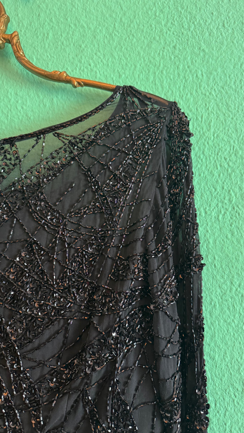 Vintage 1980s Augustat Black Beaded Evening Dress