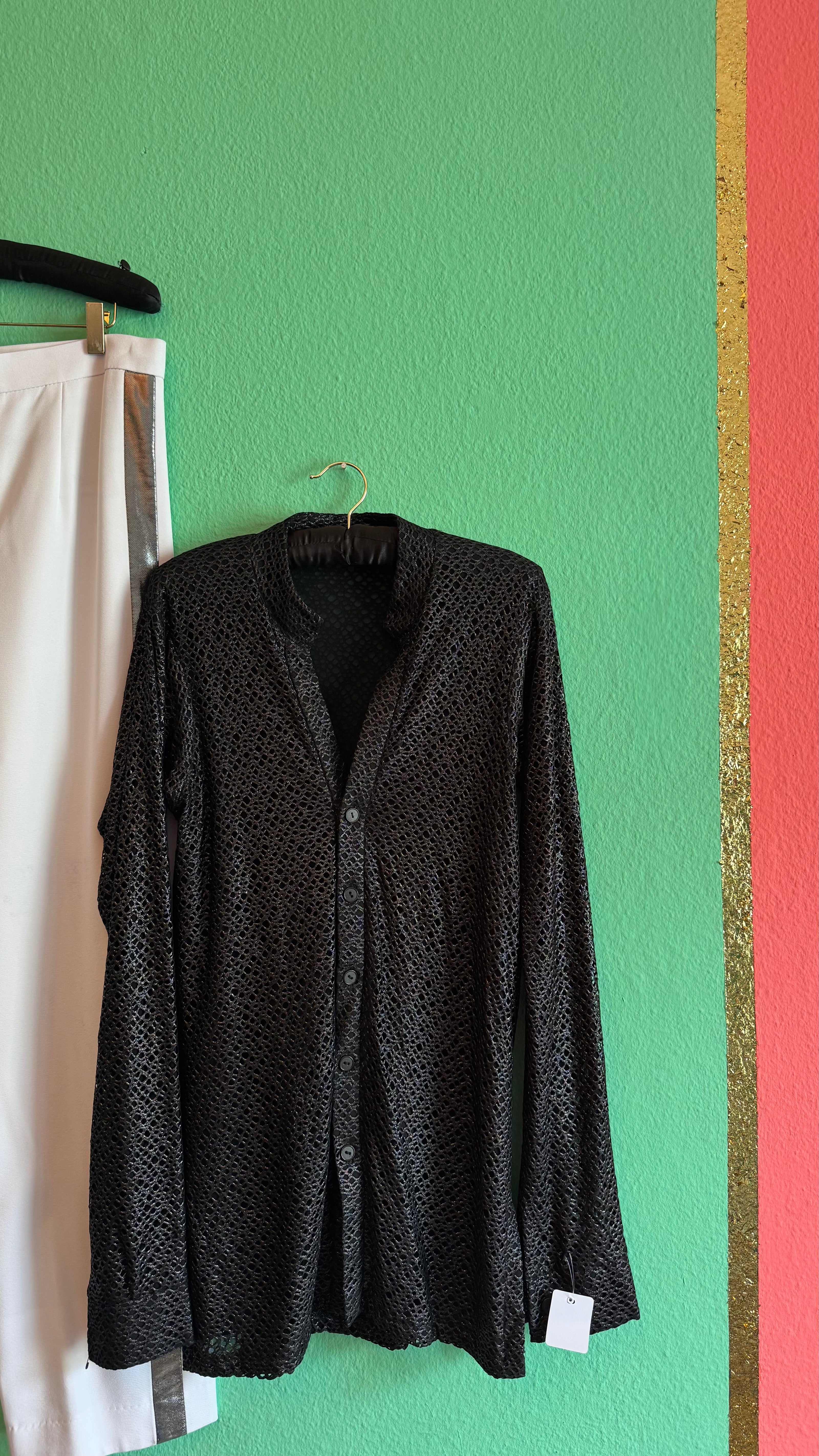 Vintage 1990s Black Mesh Shirt And Cream Side Stripe Trouser Set