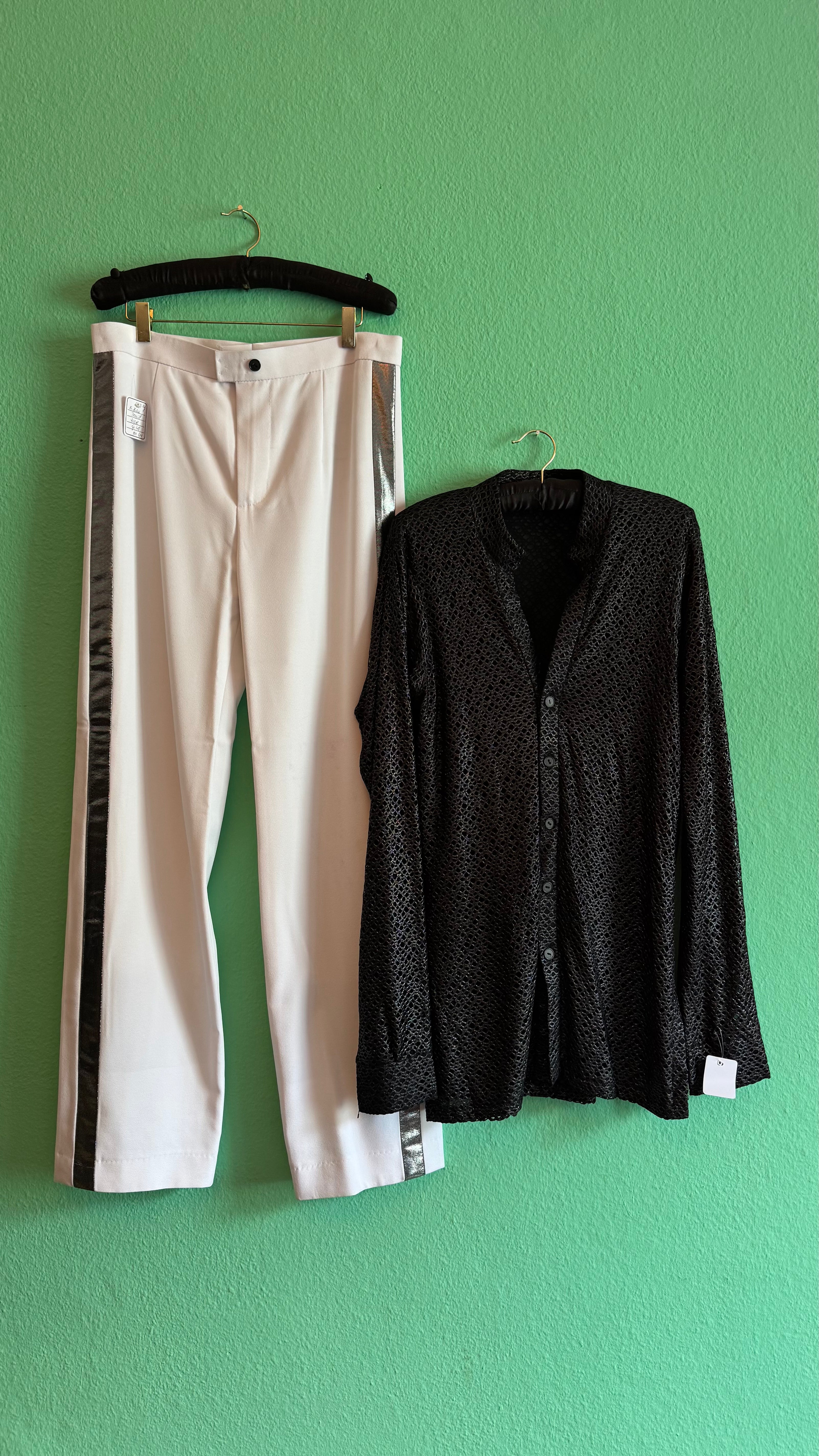 Vintage 1990s Black Mesh Shirt And Cream Side Stripe Trouser Set