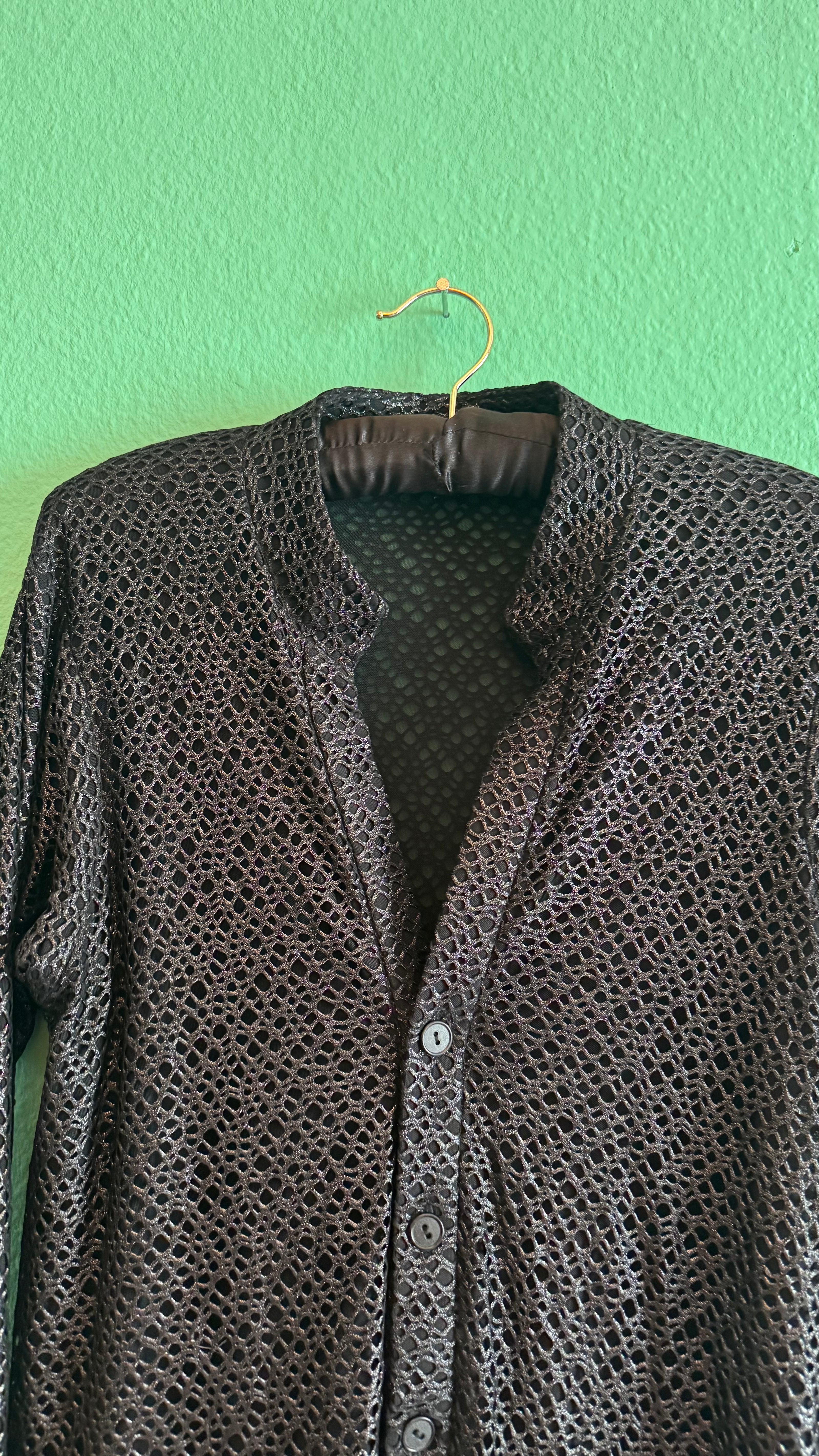 Vintage 1990s Black Mesh Shirt And Cream Side Stripe Trouser Set