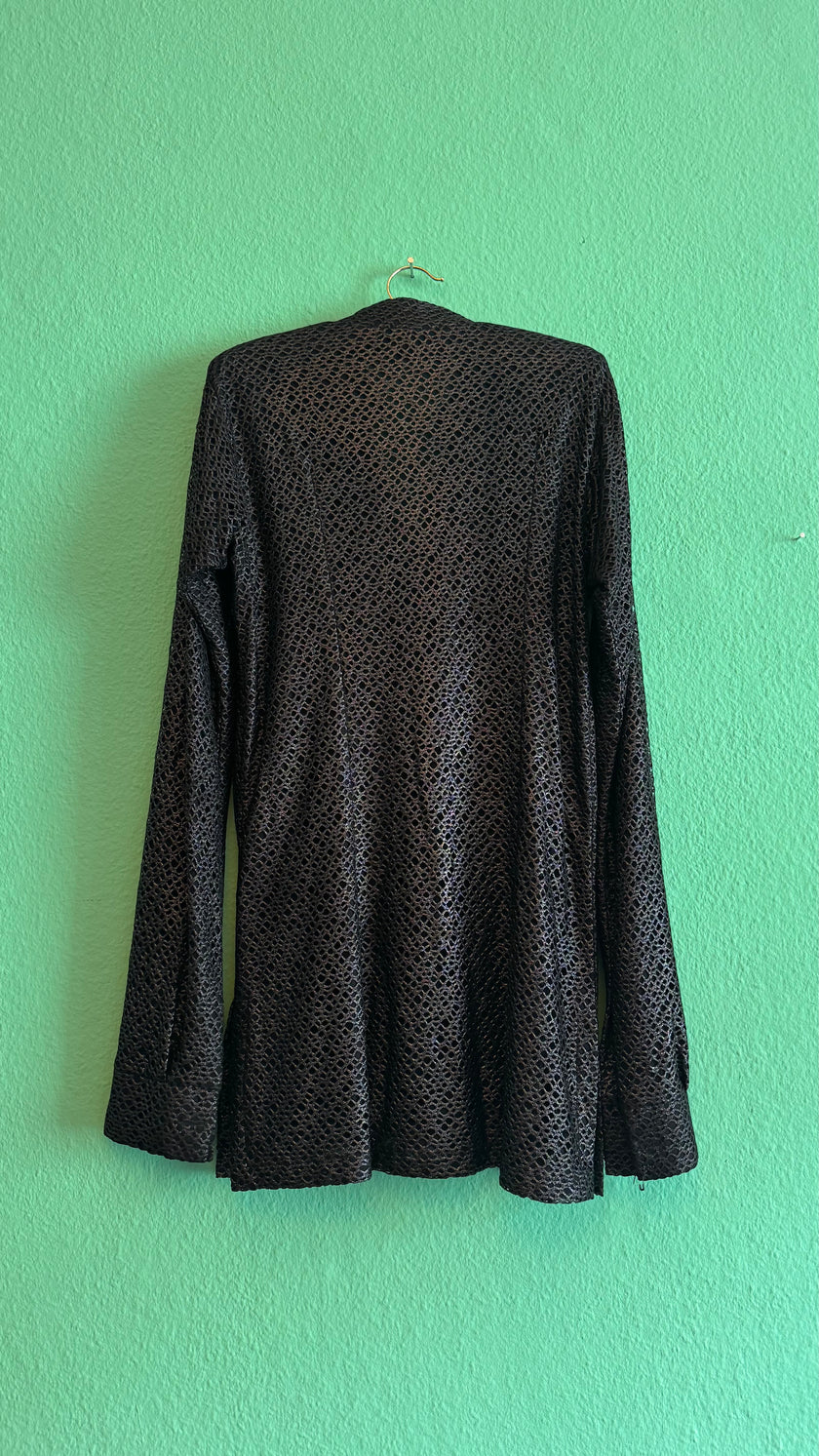 Vintage 1990s Black Mesh Shirt And Cream Side Stripe Trouser Set