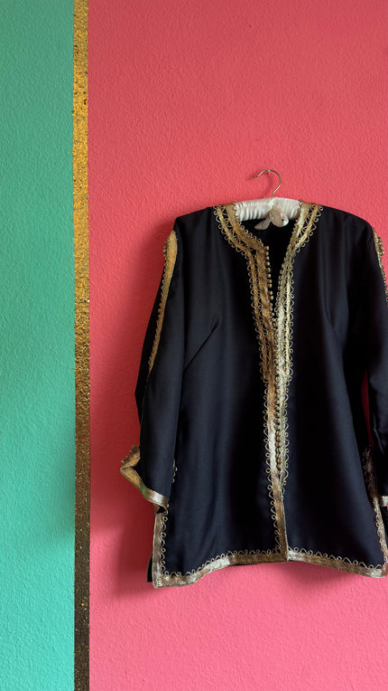 Vintage 1980s Black Jacket With Gold Braided Trim
