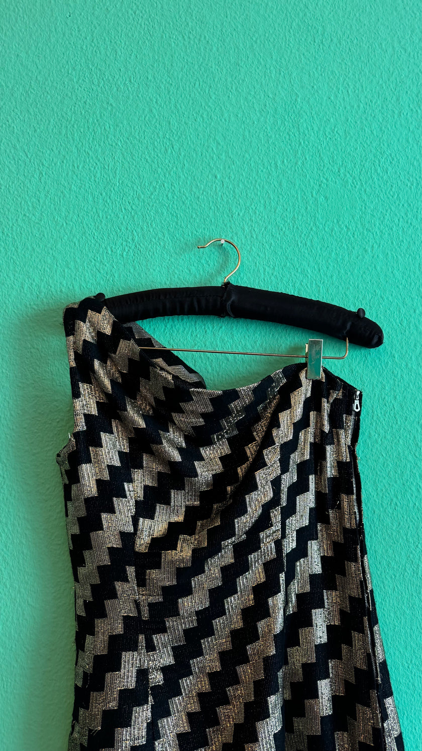 Vintage 1980s Black And Gold Metallic One-Shoulder Top